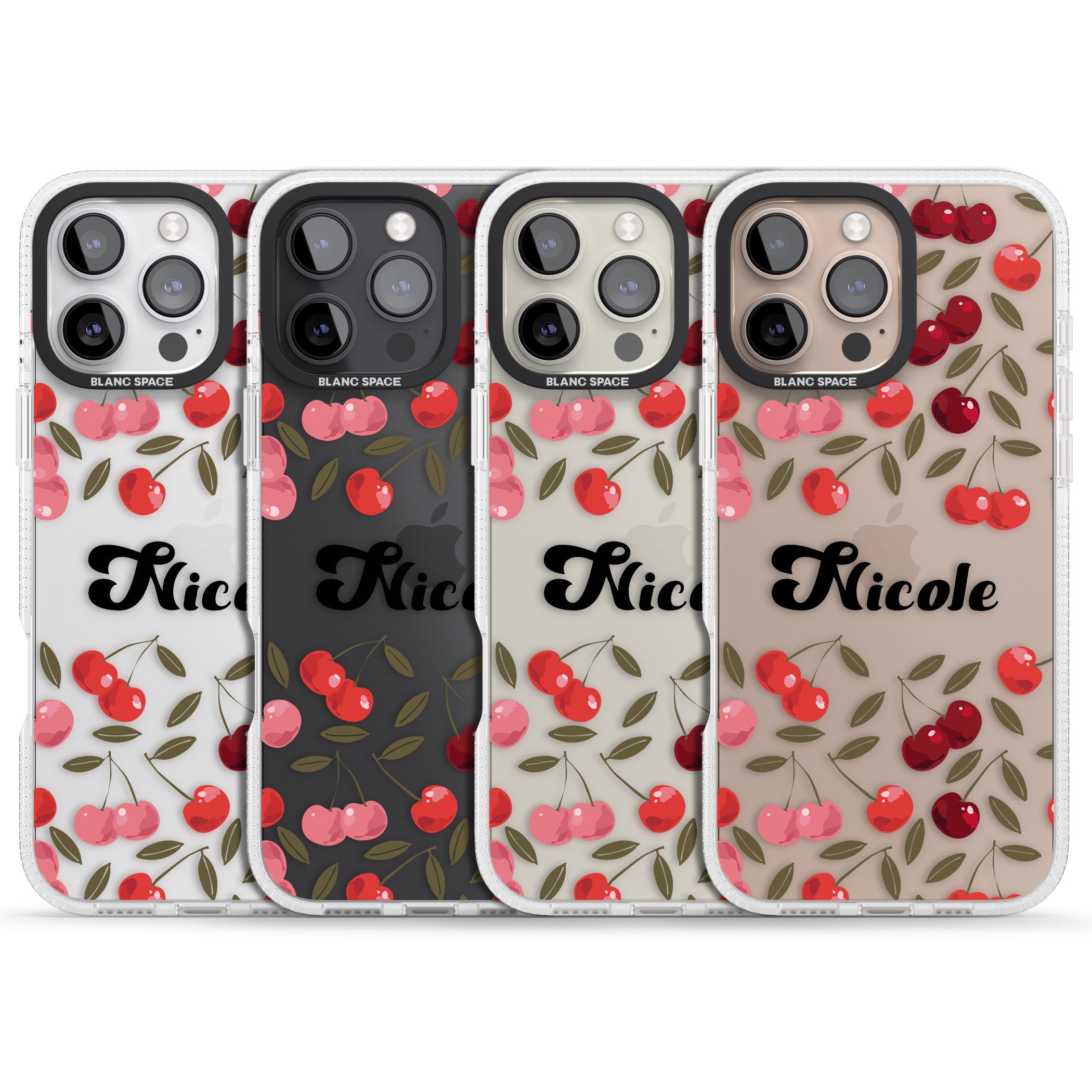 Personalised Cherry Pattern iPhone 16 Pro Max / 16 Pro Clear Case Impact Air - Blanc Space