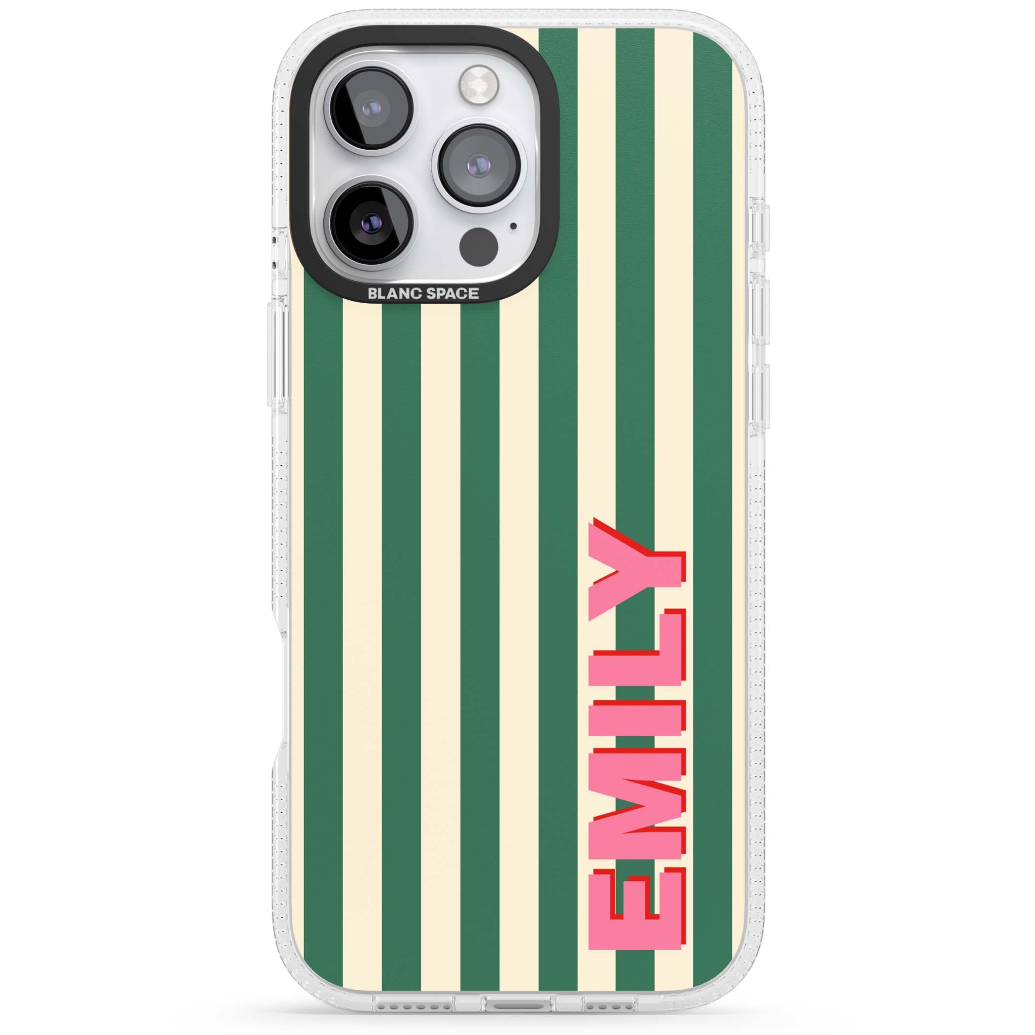 Wimbledon Stripe preppy iPhone case featuring green and cream vertical stripes with a personalised pink name | Clear Case Impact Air case for iPhone 16 Pro, iPhone 16 Pro Max
