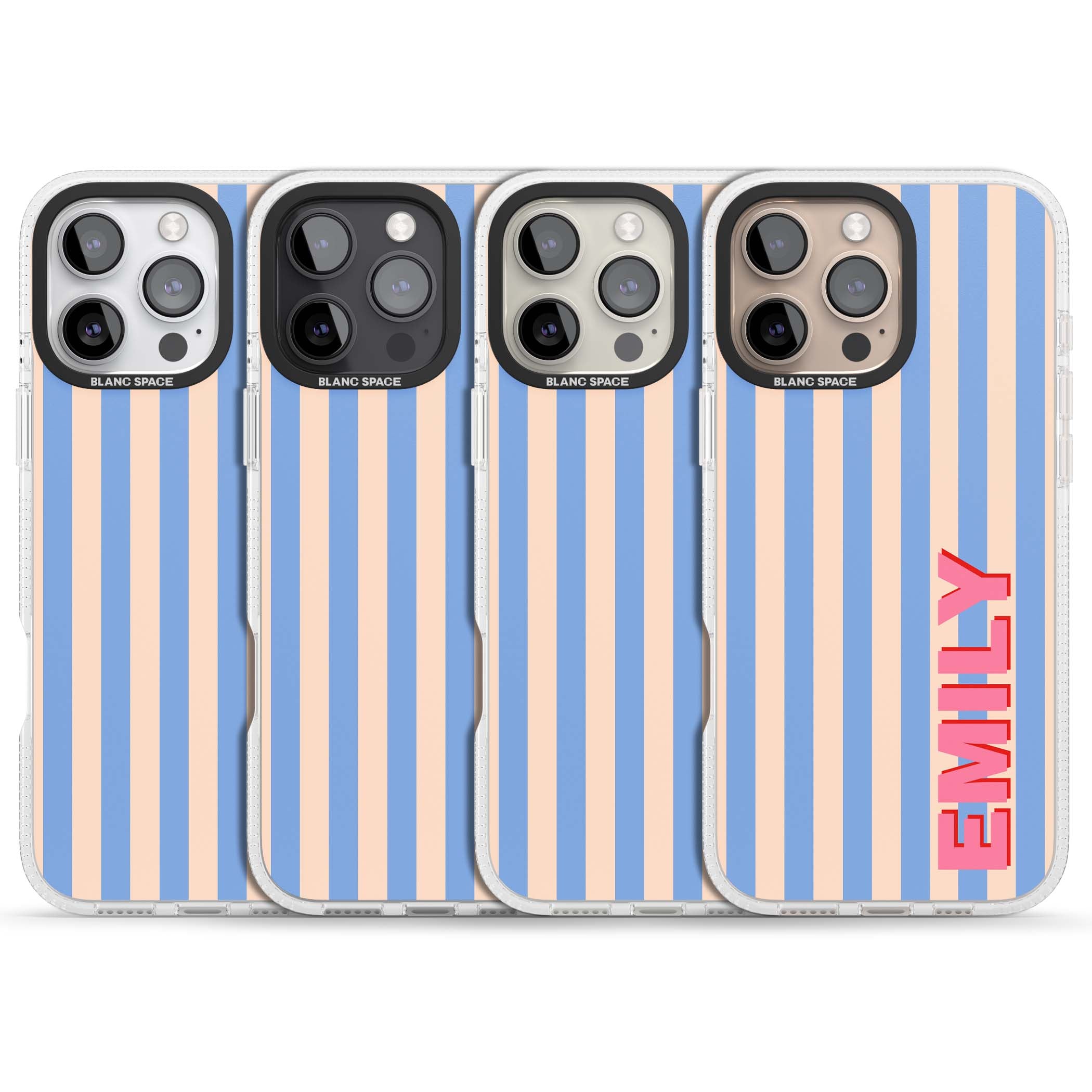 Coastal Stripe personalised coastal iPhone case with blue and peach vertical stripes and custom pink name | Clear Case Impact Air case for iPhone 16 Pro, iPhone 16 Pro Max