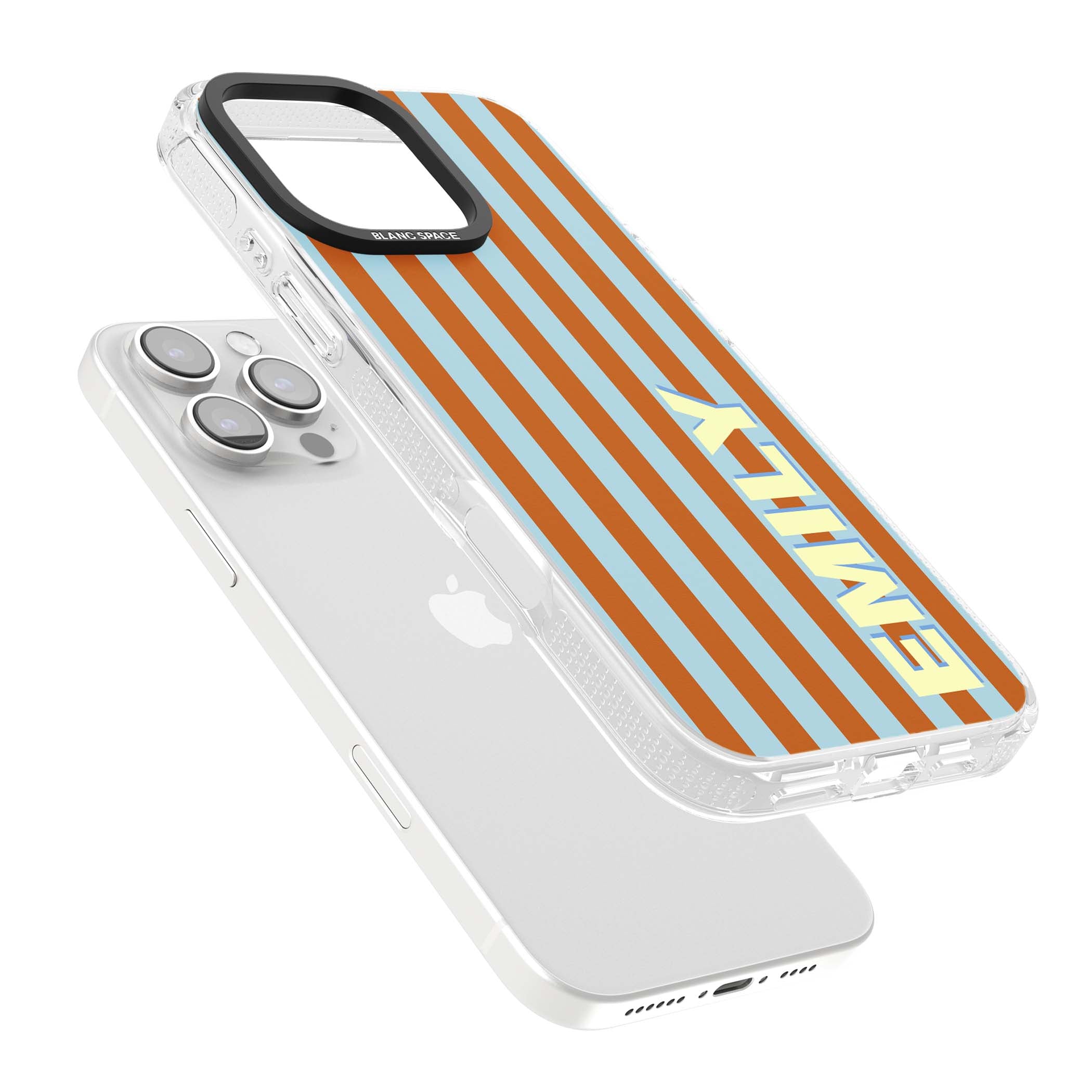 Cappadocia Stripe personalised coastal iPhone case featuring blue and orange vertical stripes with custom cream name | Clear Case Impact Air case for iPhone 16 Pro, iPhone 16 Pro Max