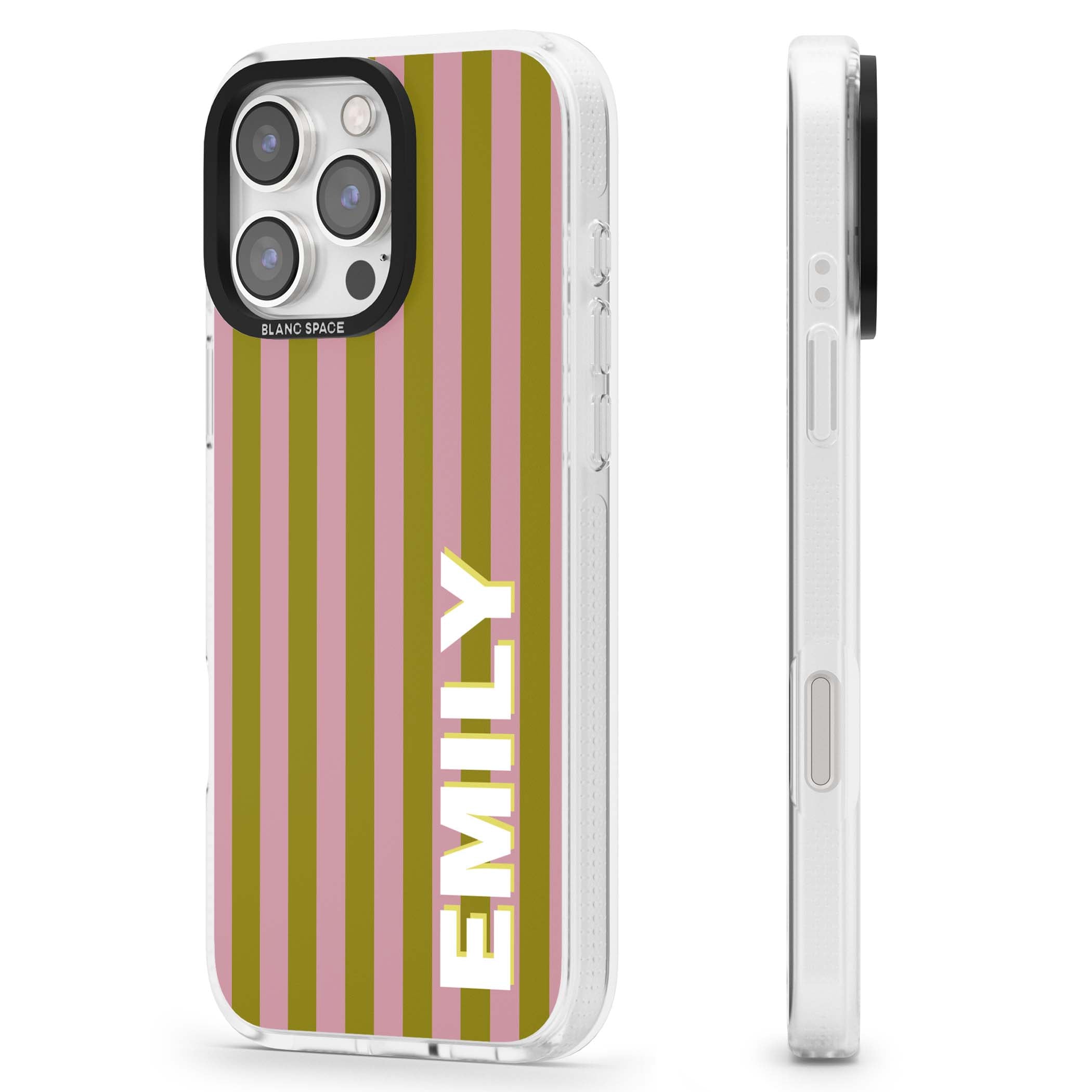 Istanbul Stripe personalised iPhone case featuring pink and olive green vertical stripes with a custom vertical name | Clear Case Impact Air case for iPhone 16 Pro, iPhone 16 Pro Max