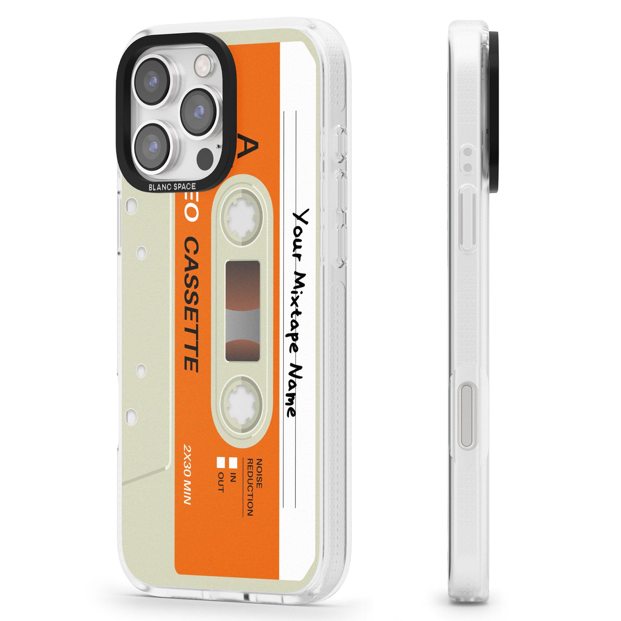 Personalised Classic Cassette iPhone 16 Pro Max / 16 Pro Clear Case Impact Air - Blanc Space