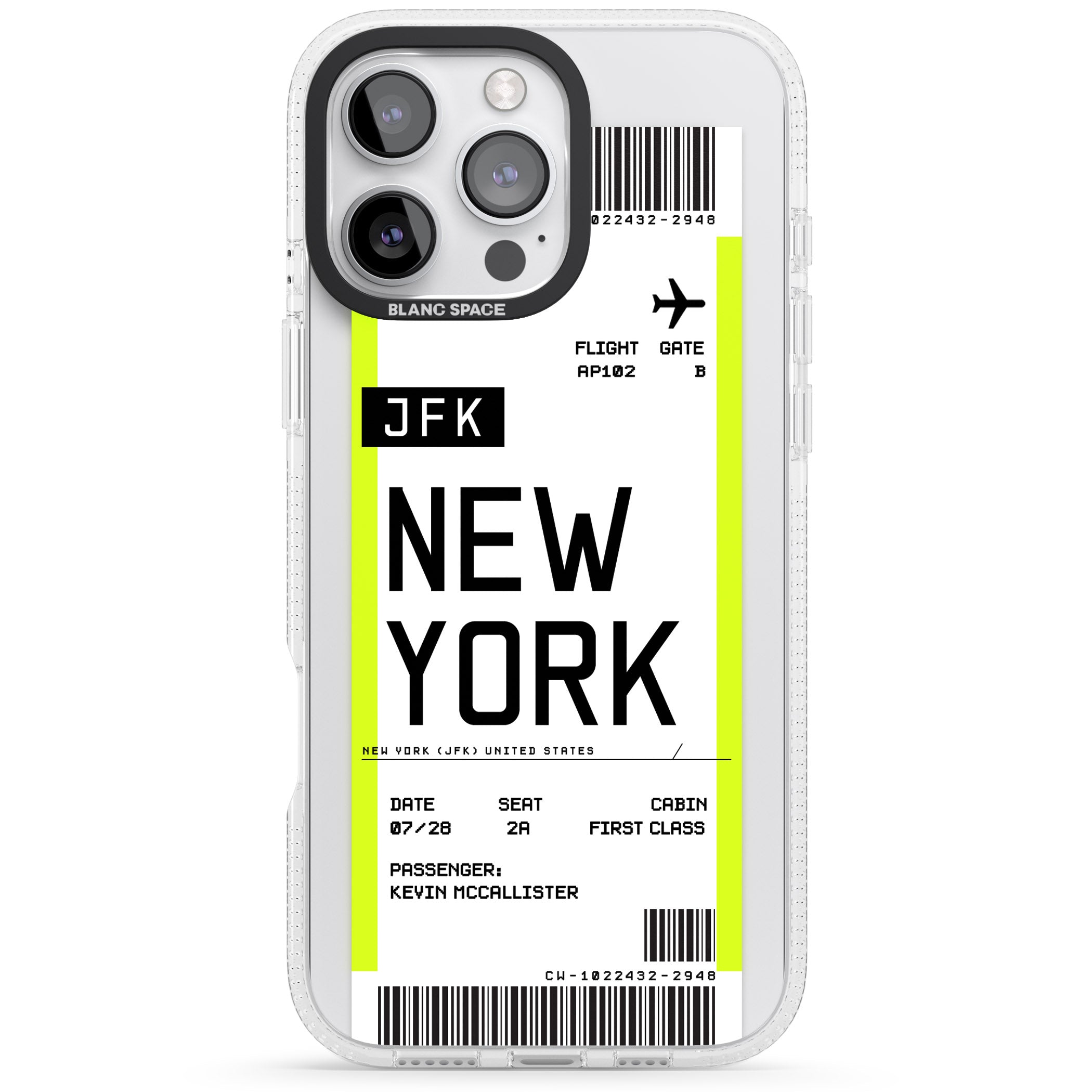 Personalised New York Boarding Pass iPhone 16 Pro Max / 16 Pro Clear Case Impact Air - Blanc Space