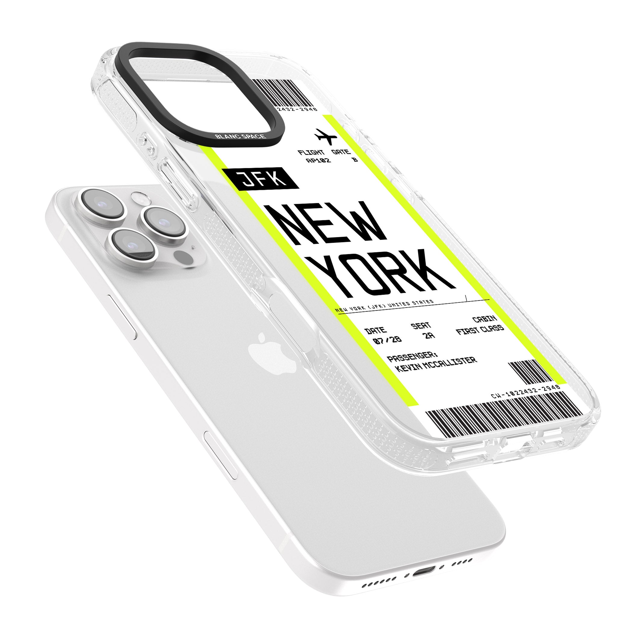 Personalised New York Boarding Pass iPhone 16 Pro Max / 16 Pro Clear Case Impact Air - Blanc Space