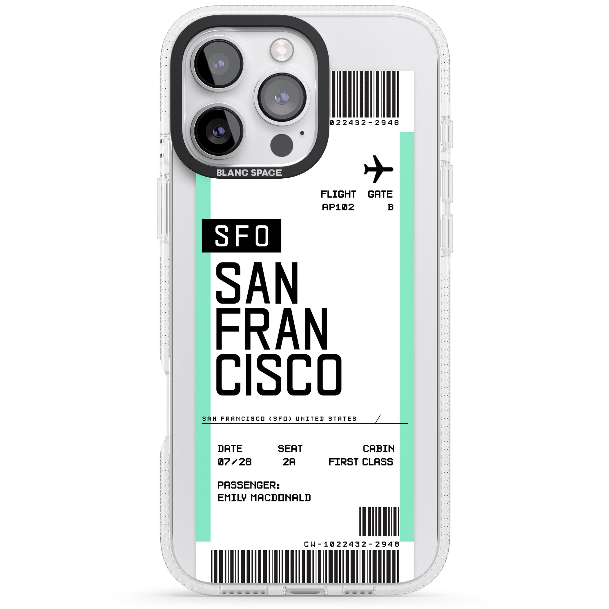 Personalised San Francisco Boarding Pass iPhone 16 Pro Max / 16 Pro Clear Case Impact Air - Blanc Space