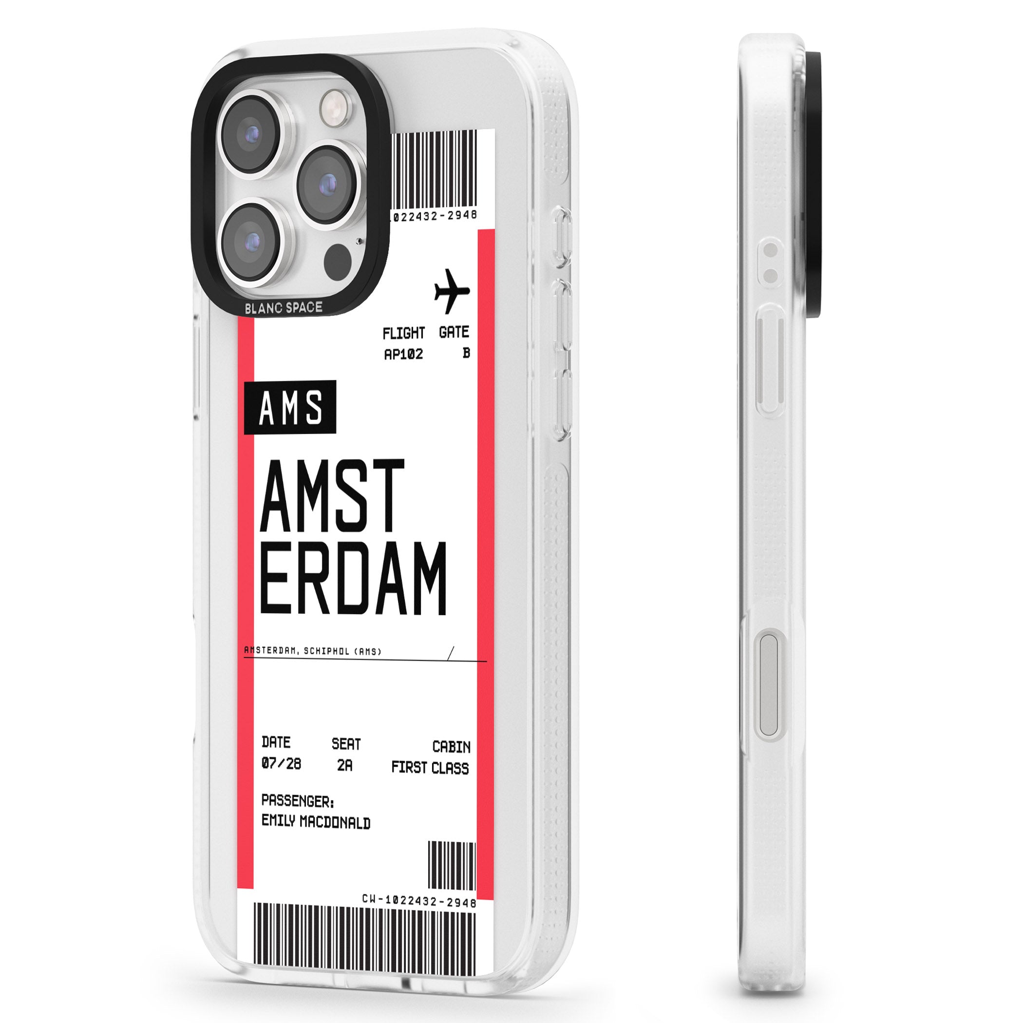Personalised Amsterdam Boarding Pass iPhone 16 Pro Max / 16 Pro Clear Case Impact Air - Blanc Space
