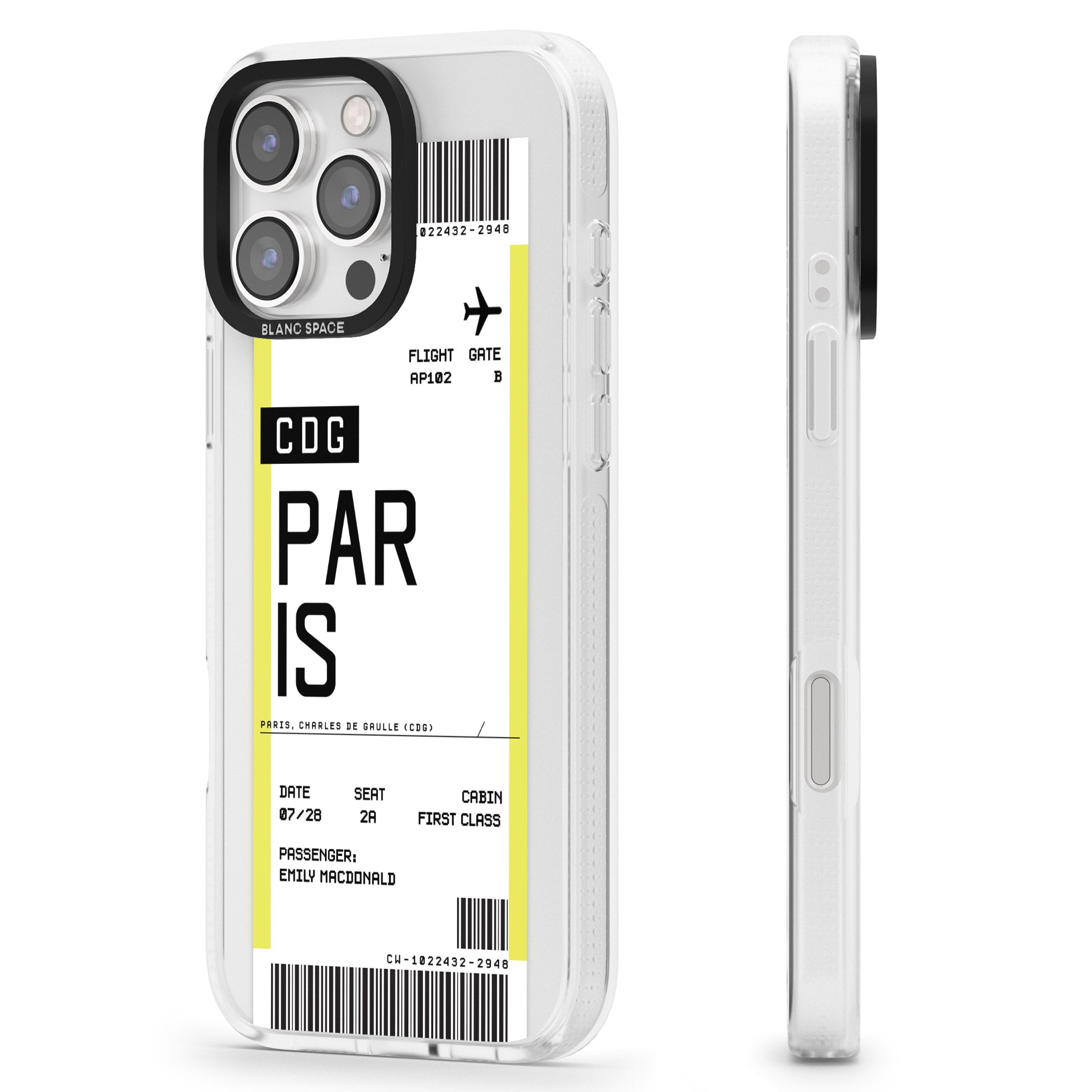 Personalised Paris Boarding Pass iPhone 16 Pro Max / 16 Pro Clear Case Impact Air - Blanc Space