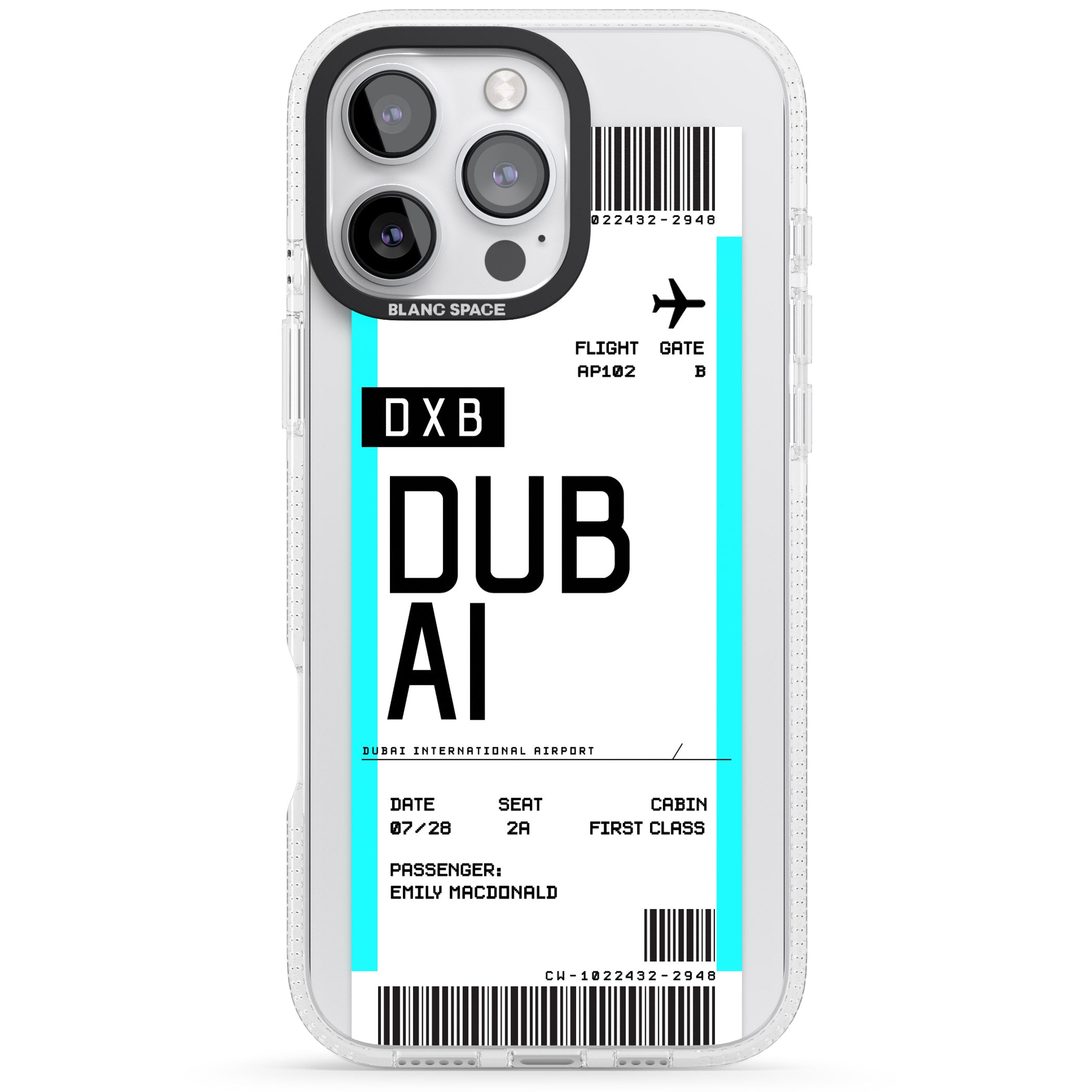 Personalised Dubai Boarding Pass iPhone 16 Pro Max / 16 Pro Clear Case Impact Air - Blanc Space