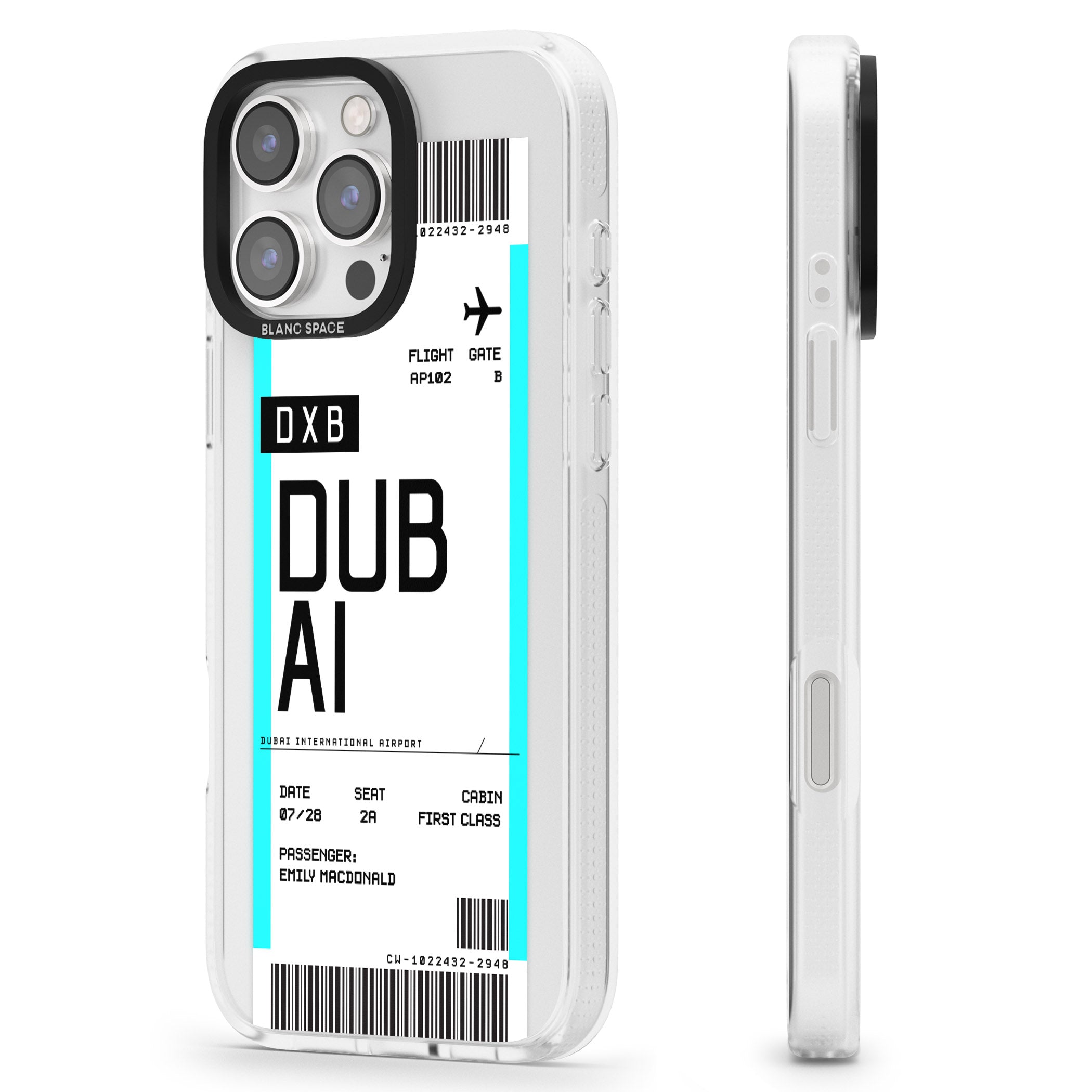 Personalised Dubai Boarding Pass iPhone 16 Pro Max / 16 Pro Clear Case Impact Air - Blanc Space