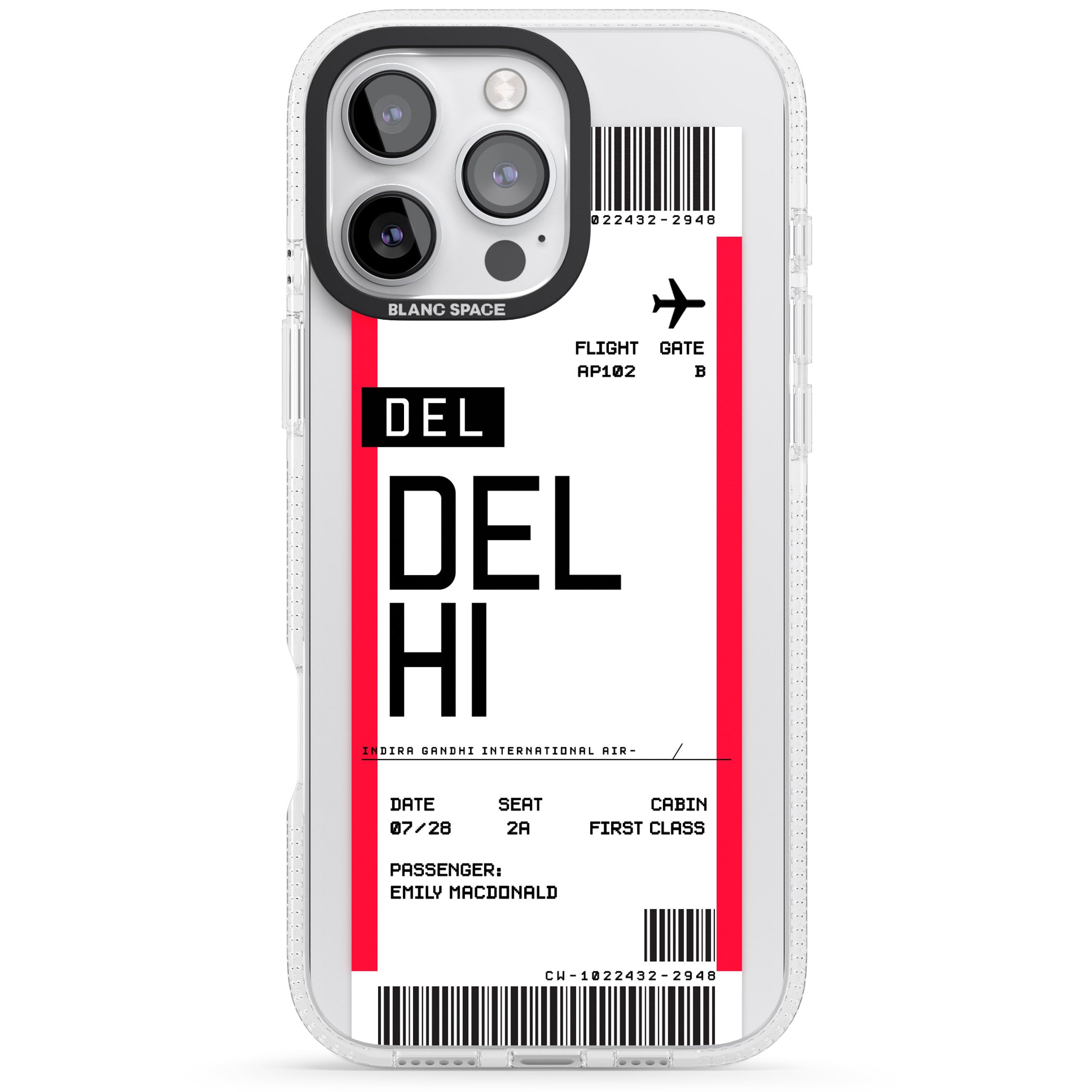 Personalised Delhi Boarding Pass iPhone 16 Pro Max / 16 Pro Clear Case Impact Air - Blanc Space