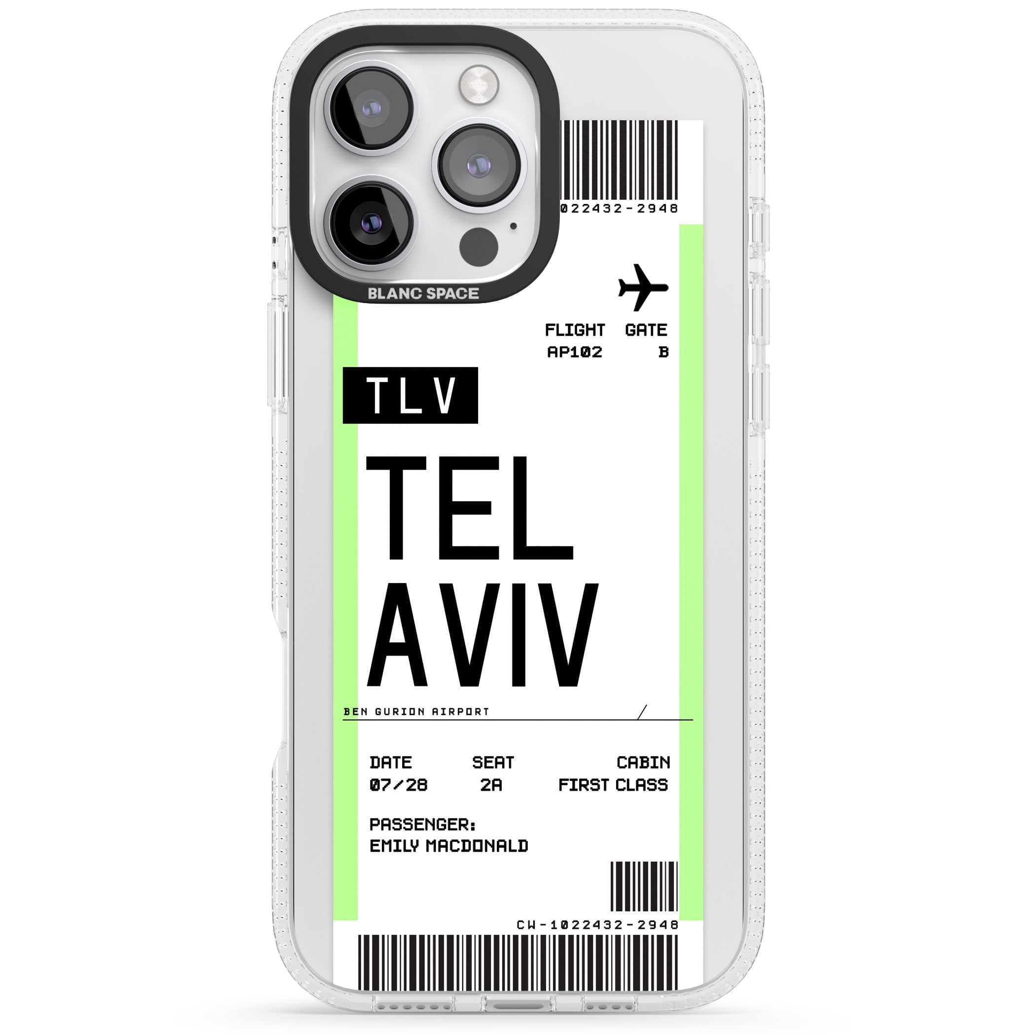 Personalised Tel Aviv Boarding Pass iPhone 16 Pro Max / 16 Pro Clear Case Impact Air - Blanc Space