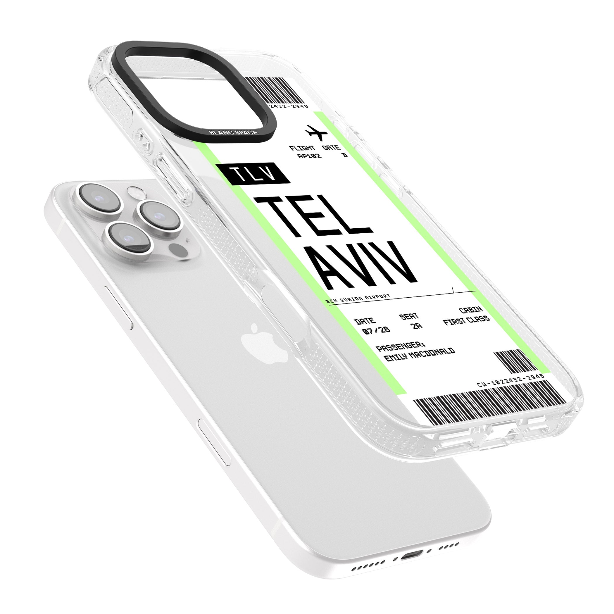 Personalised Tel Aviv Boarding Pass iPhone 16 Pro Max / 16 Pro Clear Case Impact Air - Blanc Space