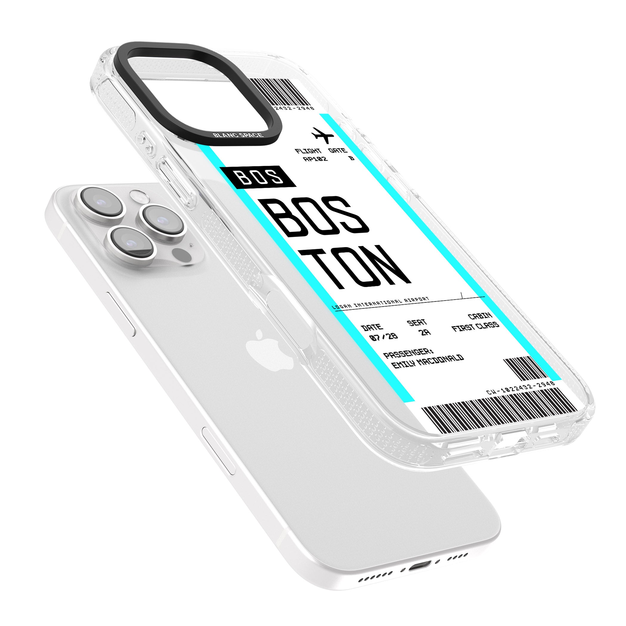 Personalised Boston Boarding Pass iPhone 16 Pro Max / 16 Pro Clear Case Impact Air - Blanc Space