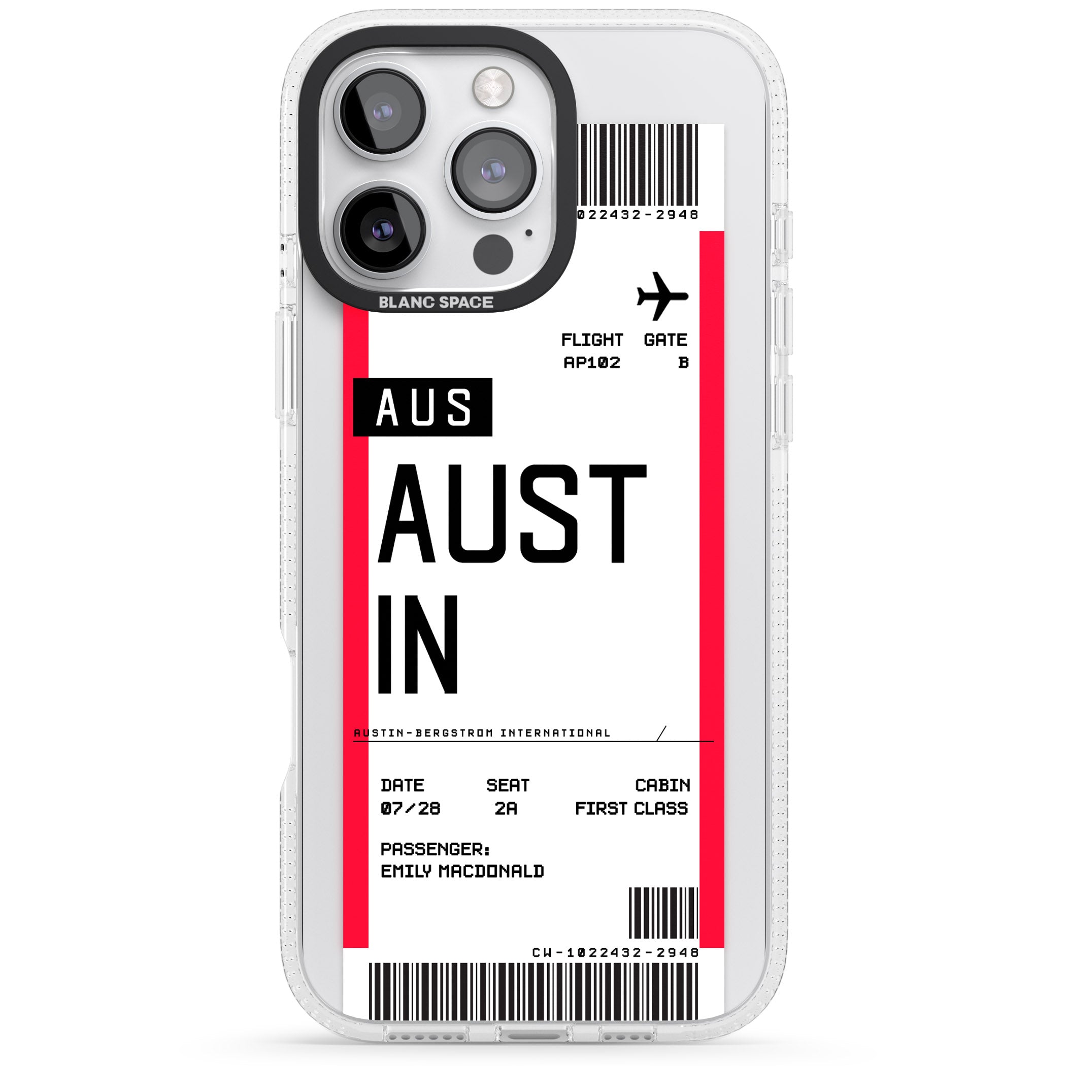 Personalised Austin Boarding Pass iPhone 16 Pro Max / 16 Pro Clear Case Impact Air - Blanc Space
