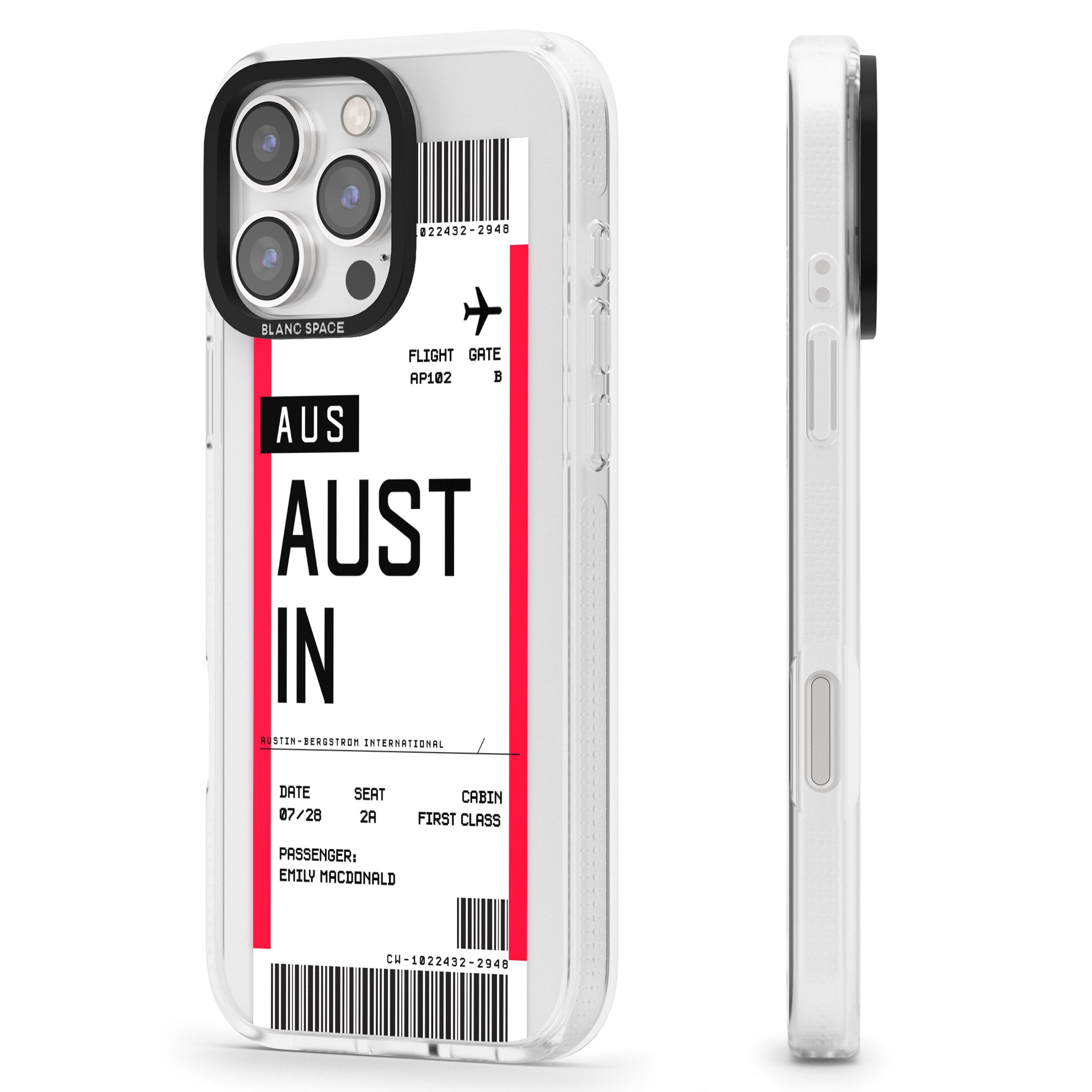 Personalised Austin Boarding Pass iPhone 16 Pro Max / 16 Pro Clear Case Impact Air - Blanc Space