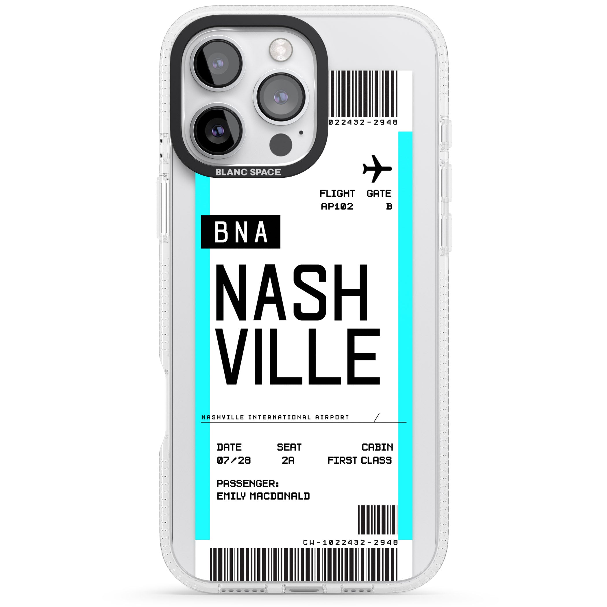Personalised Nashville Boarding Pass iPhone 16 Pro Max / 16 Pro Clear Case Impact Air - Blanc Space