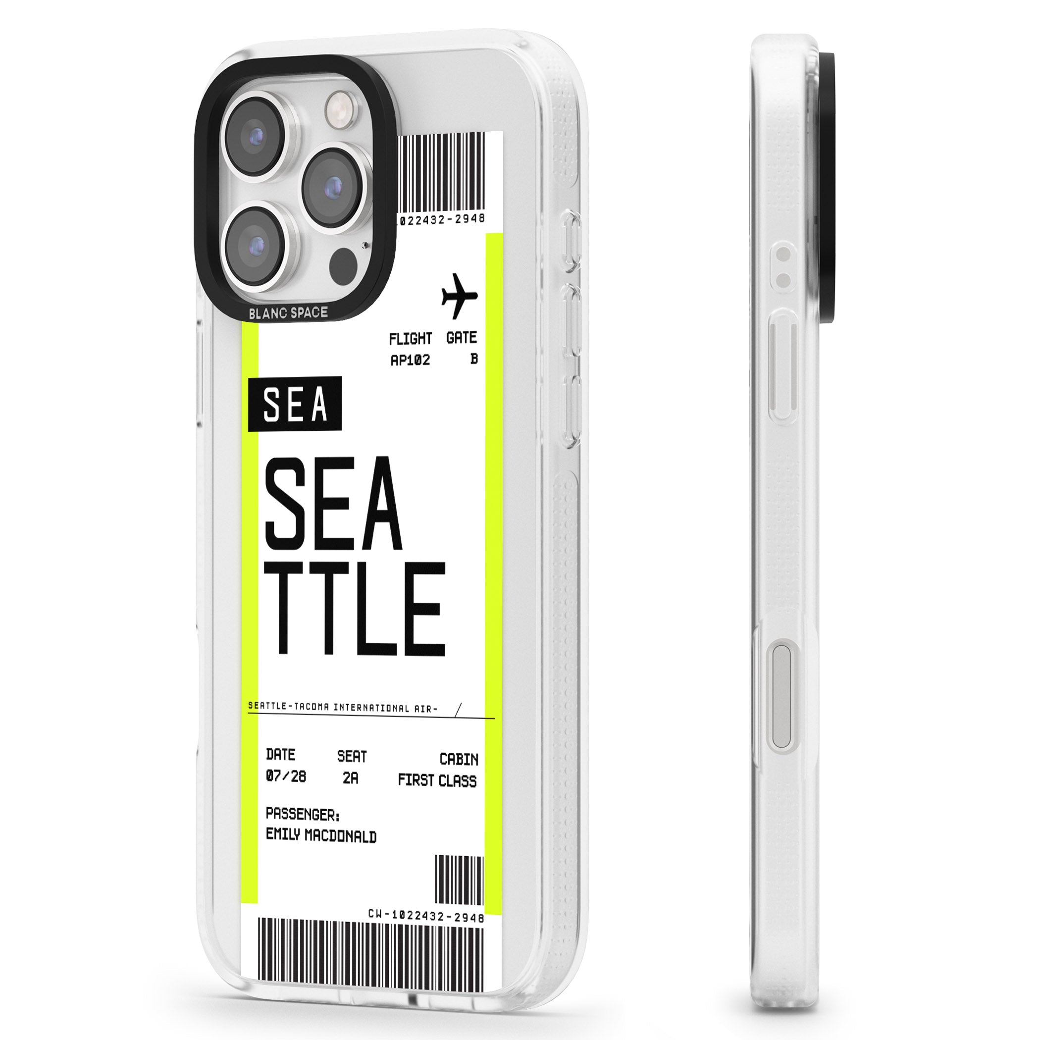 Personalised Seattle Boarding Pass iPhone 16 Pro Max / 16 Pro Clear Case Impact Air - Blanc Space
