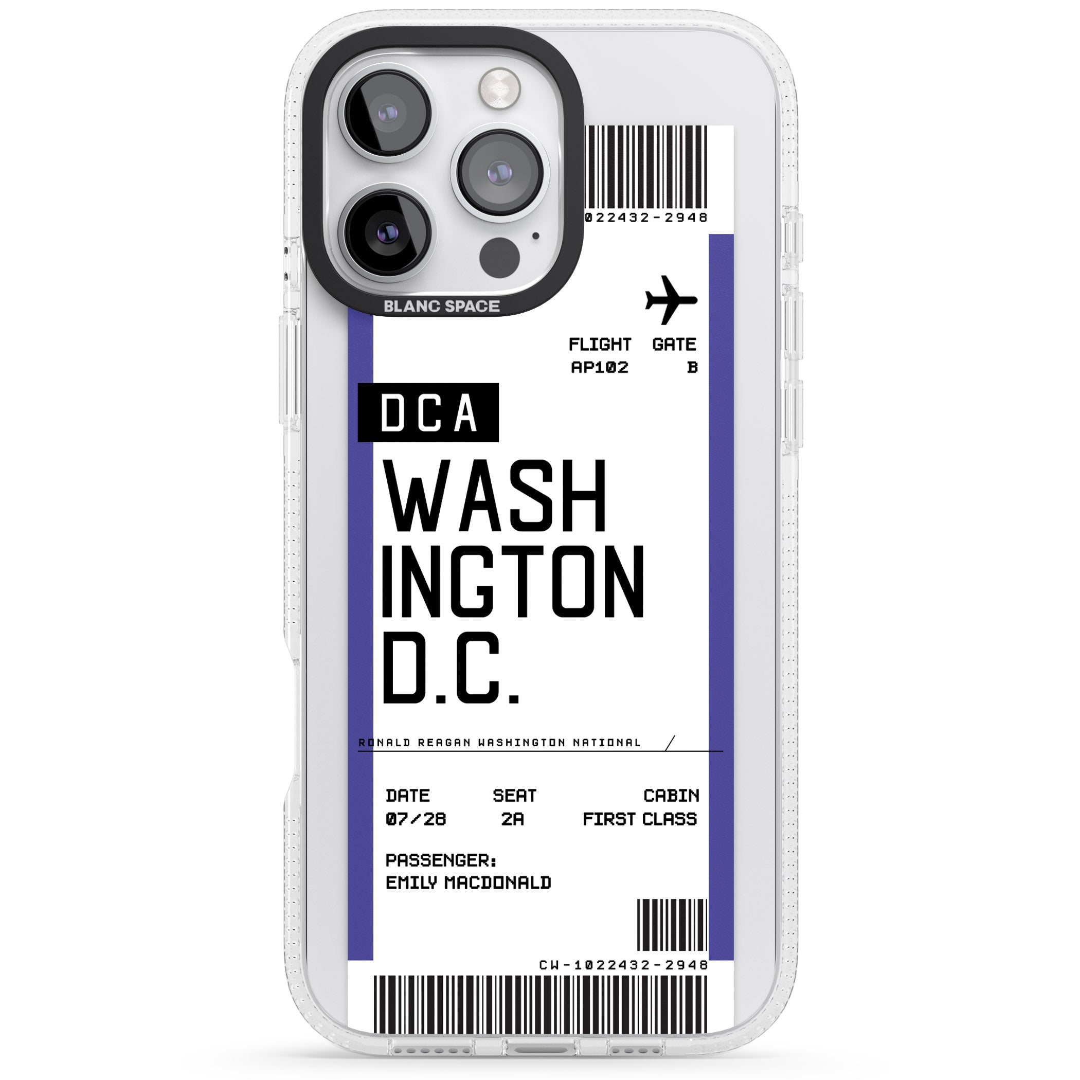 Personalised Washington D.C. Boarding Pass iPhone 16 Pro Max / 16 Pro Clear Case Impact Air - Blanc Space