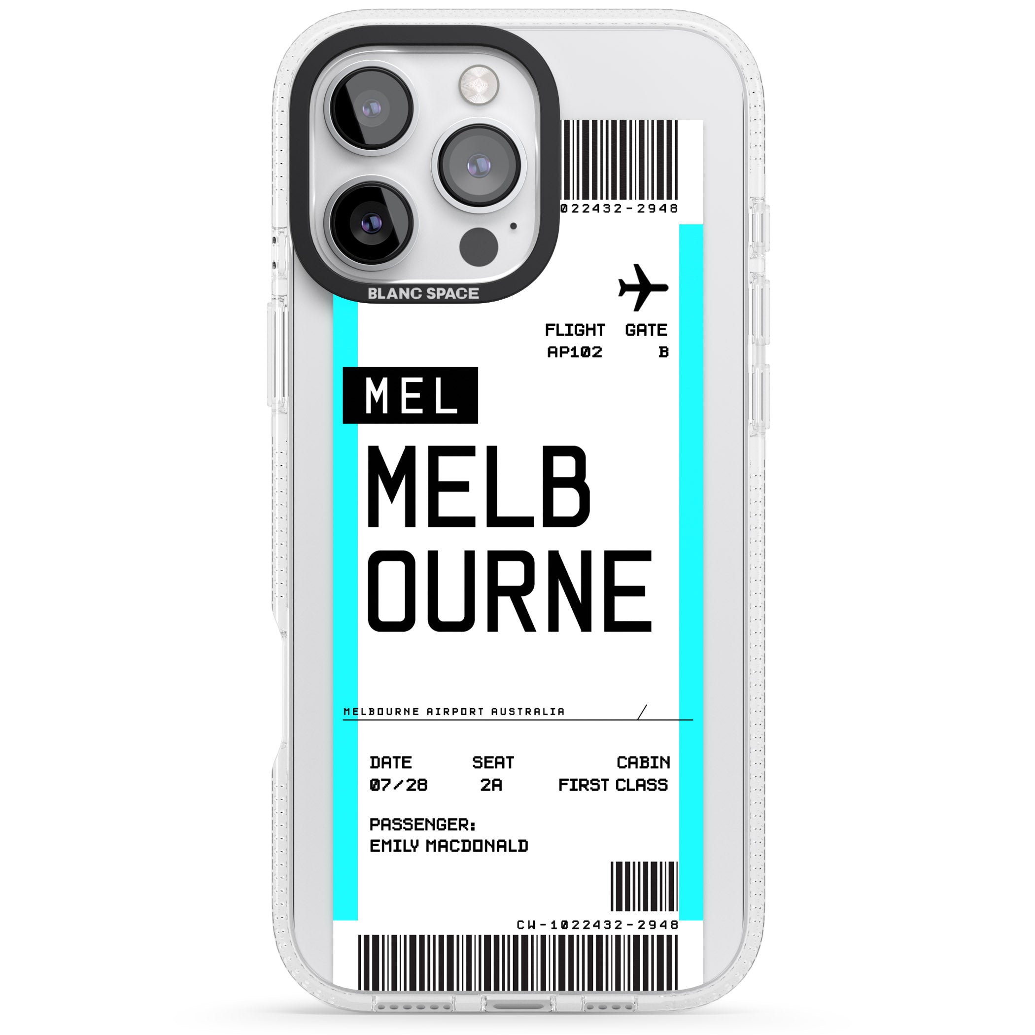 Personalised Melbourne Boarding Pass iPhone 16 Pro Max / 16 Pro Clear Case Impact Air - Blanc Space