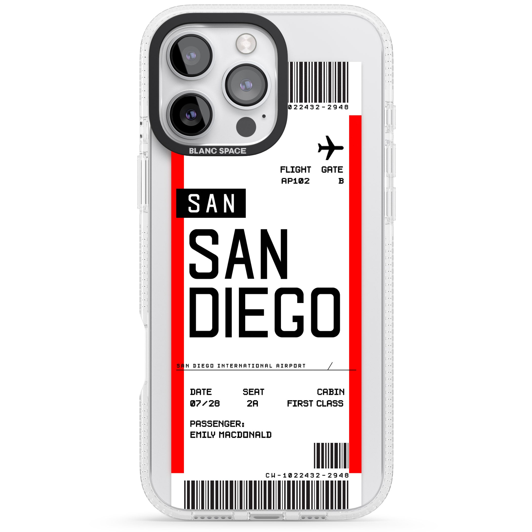Personalised San Diego Boarding Pass iPhone 16 Pro Max / 16 Pro Clear Case Impact Air - Blanc Space