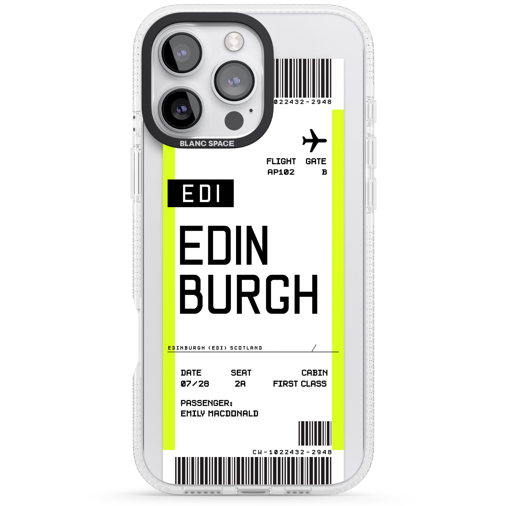 Personalised Edinburgh Boarding Pass iPhone 16 Pro Max / 16 Pro Clear Case Impact Air - Blanc Space