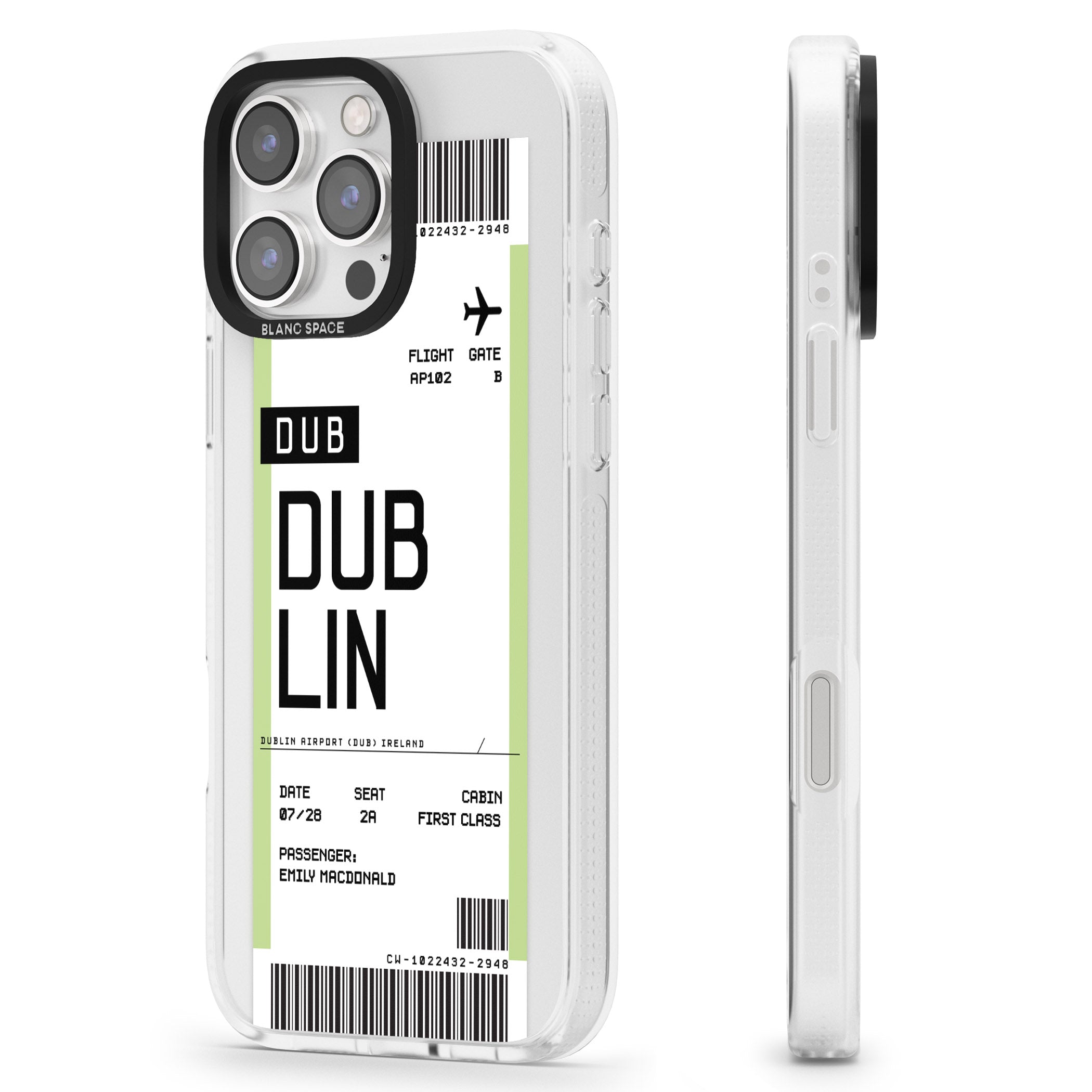 Personalised Dublin Boarding Pass iPhone 16 Pro Max / 16 Pro Clear Case Impact Air - Blanc Space
