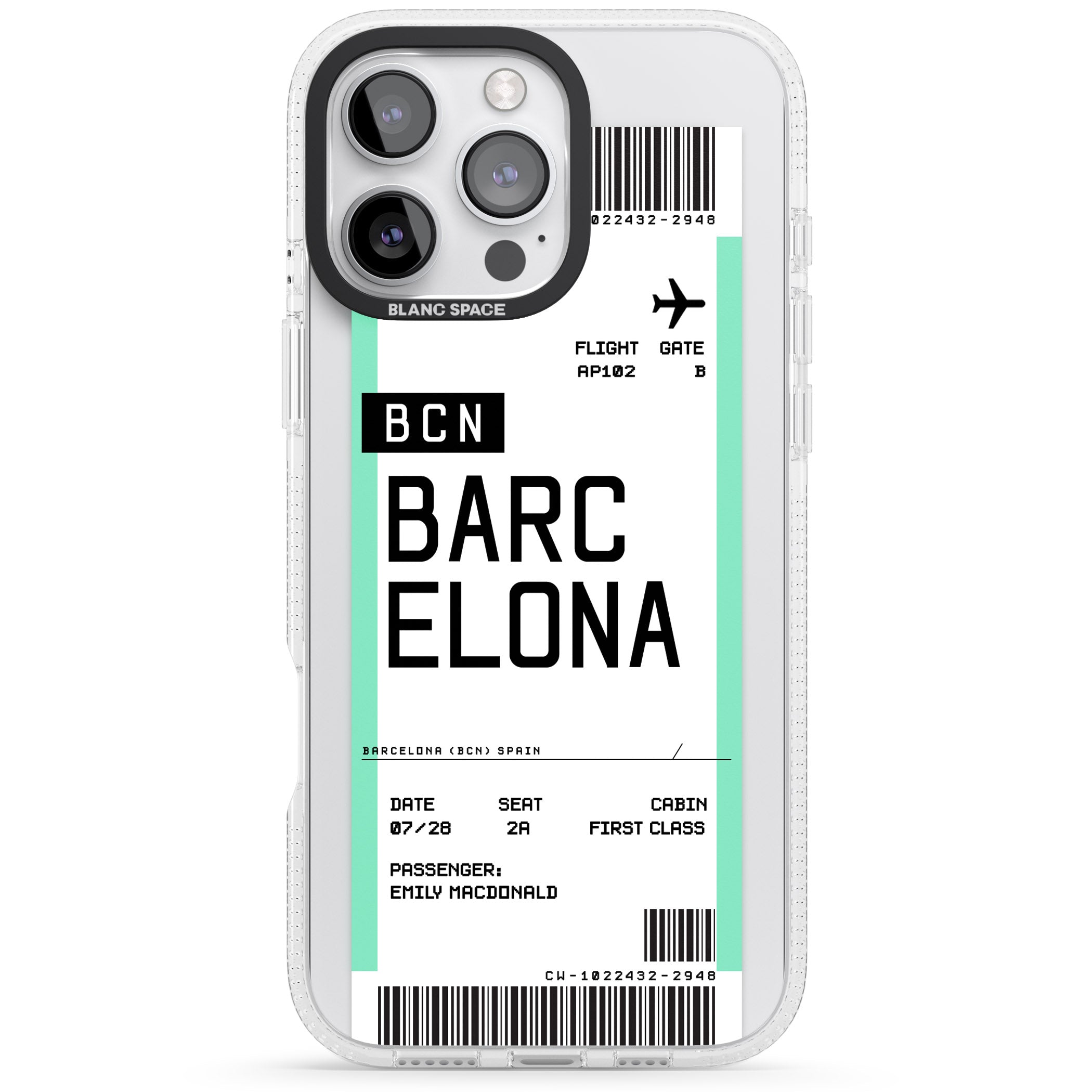 Personalised Barcelona Boarding Pass iPhone 16 Pro Max / 16 Pro Clear Case Impact Air - Blanc Space
