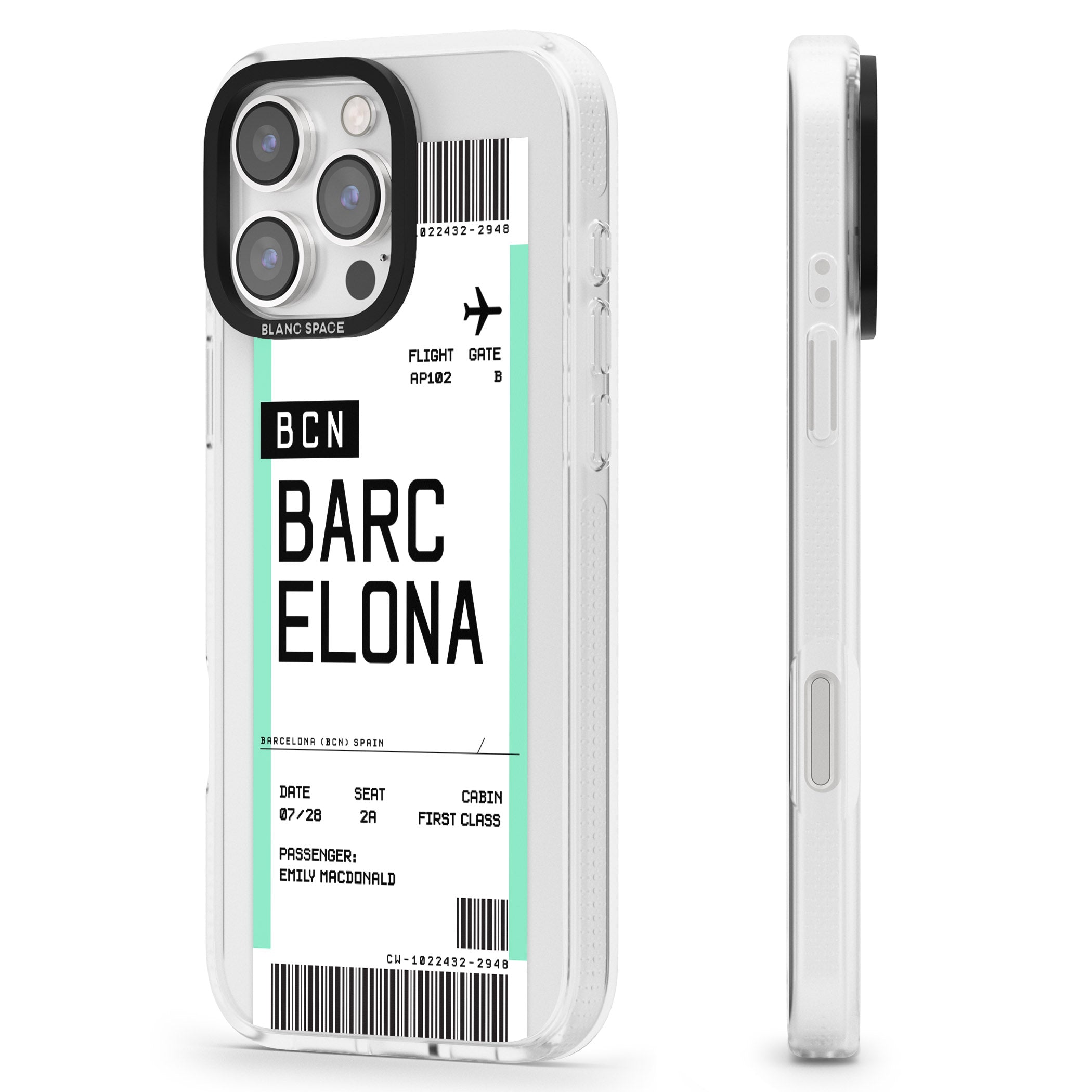 Personalised Barcelona Boarding Pass iPhone 16 Pro Max / 16 Pro Clear Case Impact Air - Blanc Space