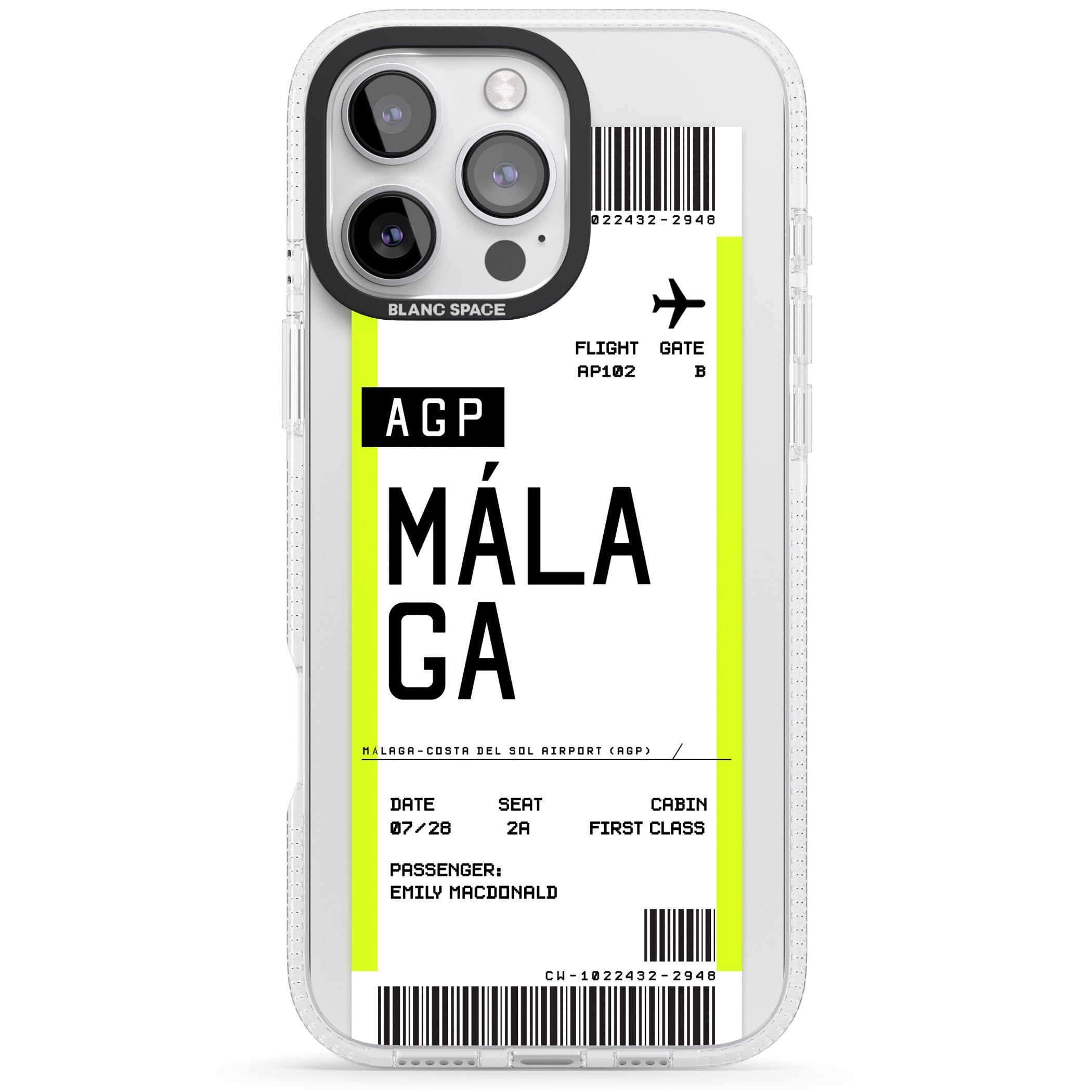 Personalised Málaga Boarding Pass iPhone 16 Pro Max / 16 Pro Clear Case Impact Air - Blanc Space