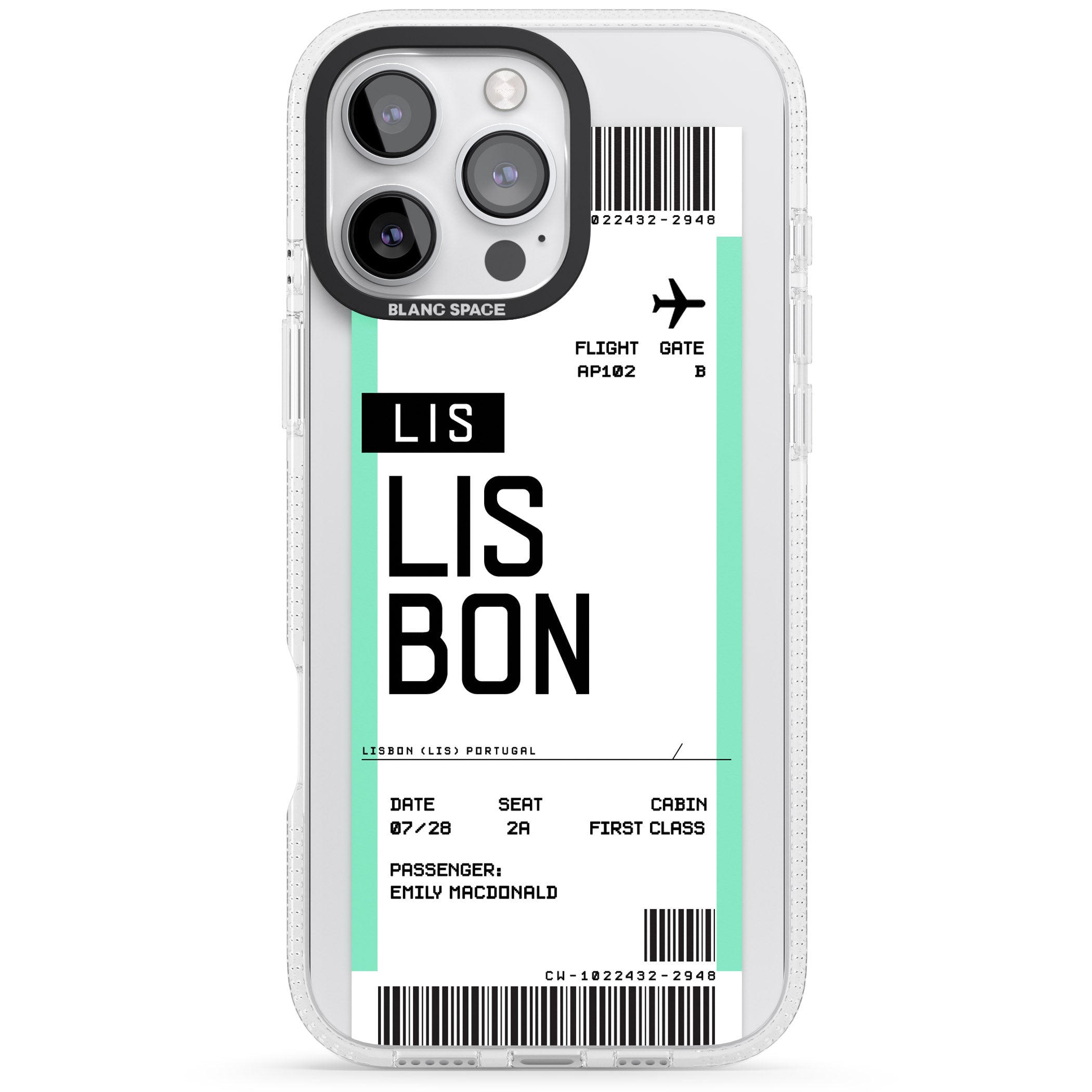 Personalised Lisbon Boarding Pass iPhone 16 Pro Max / 16 Pro Clear Case Impact Air - Blanc Space