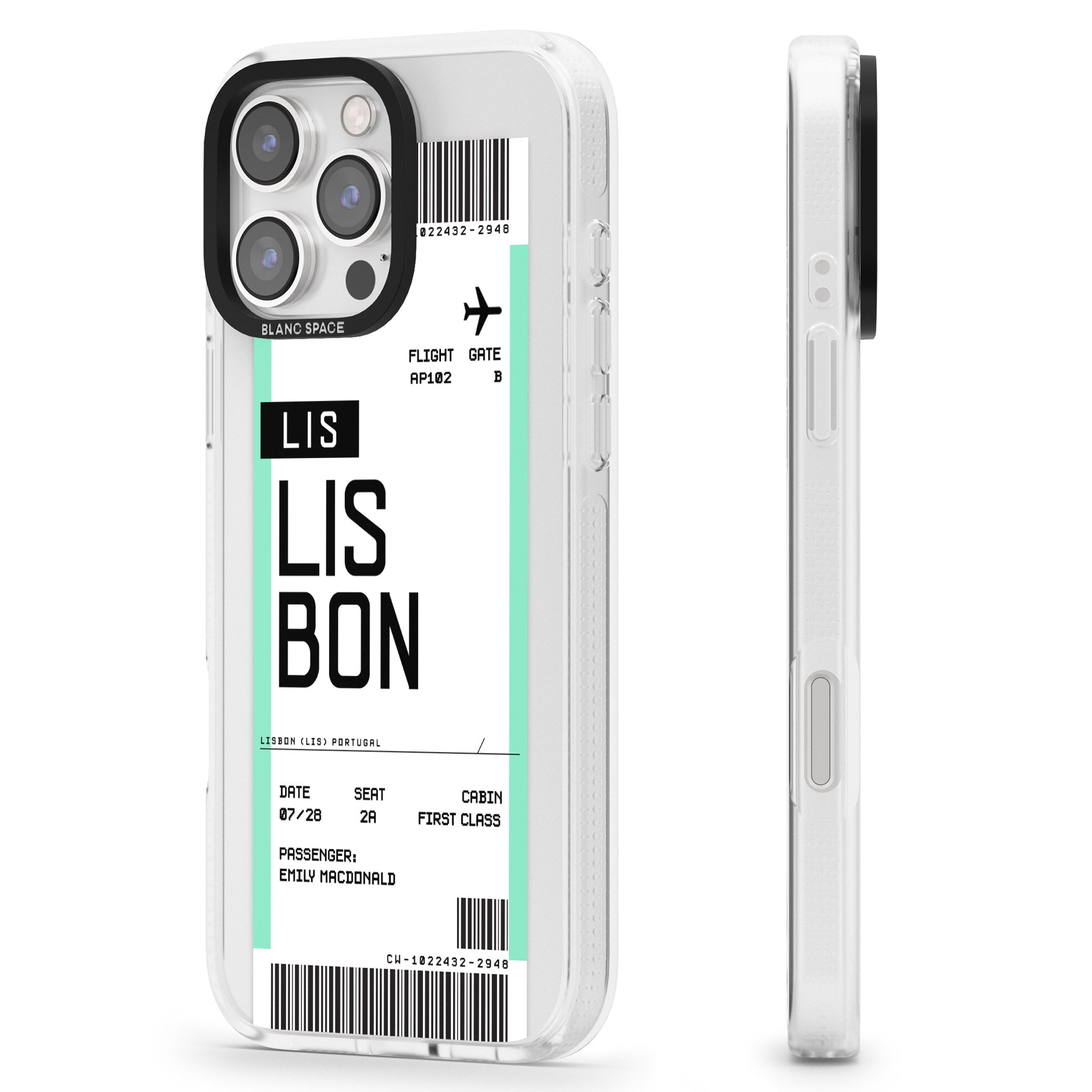Personalised Lisbon Boarding Pass iPhone 16 Pro Max / 16 Pro Clear Case Impact Air - Blanc Space