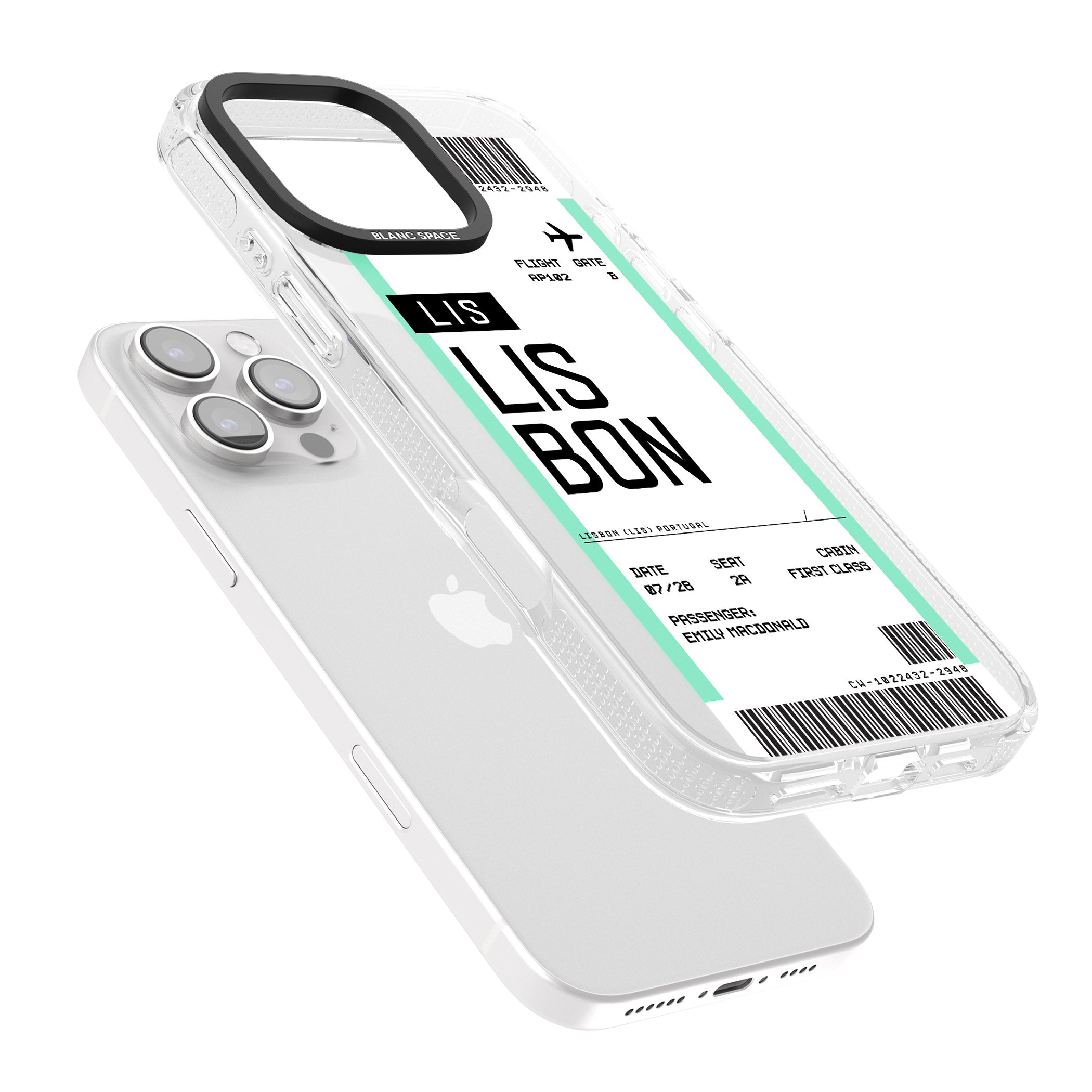 Personalised Lisbon Boarding Pass iPhone 16 Pro Max / 16 Pro Clear Case Impact Air - Blanc Space
