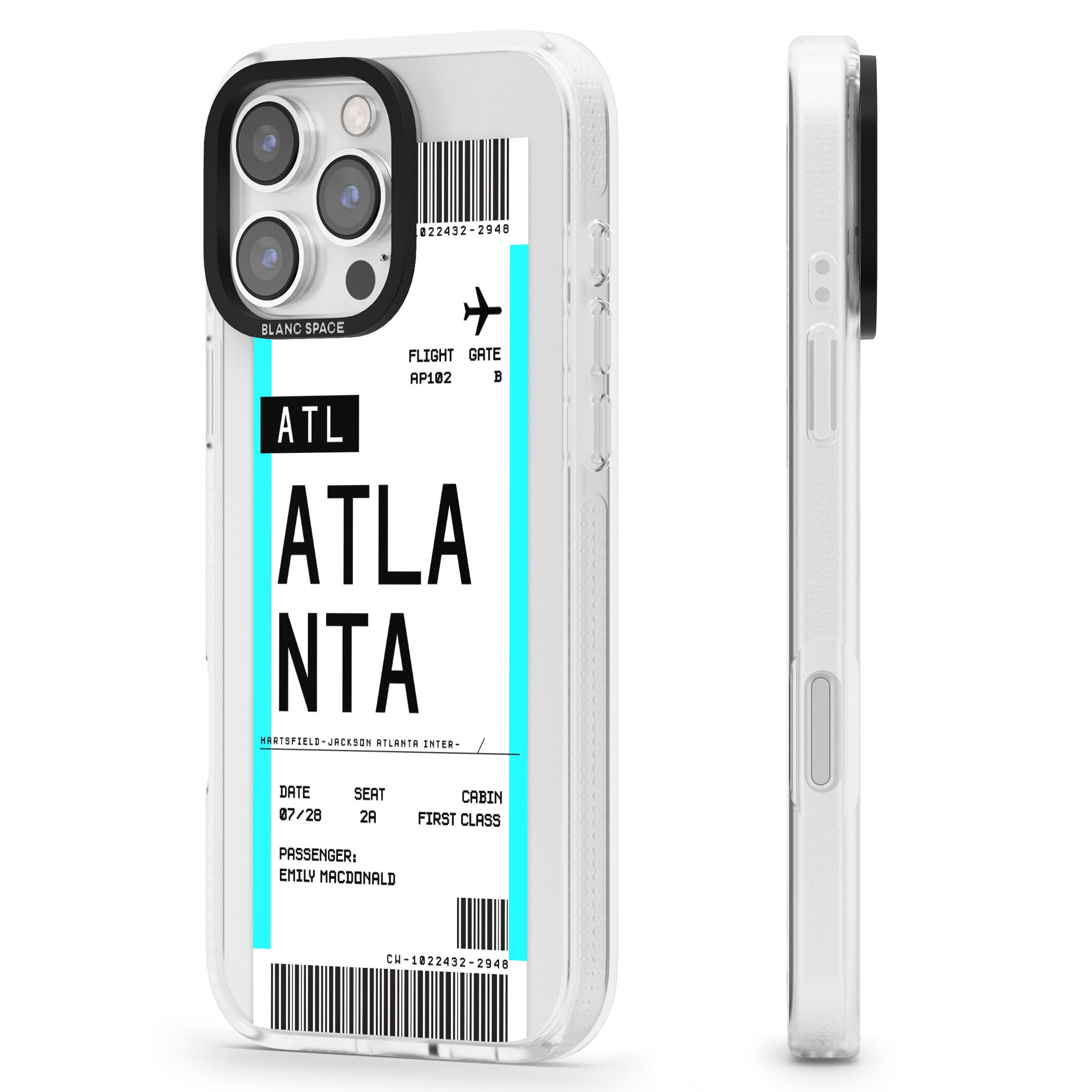 Personalised Atlanta Boarding Pass iPhone 16 Pro Max / 16 Pro Clear Case Impact Air - Blanc Space