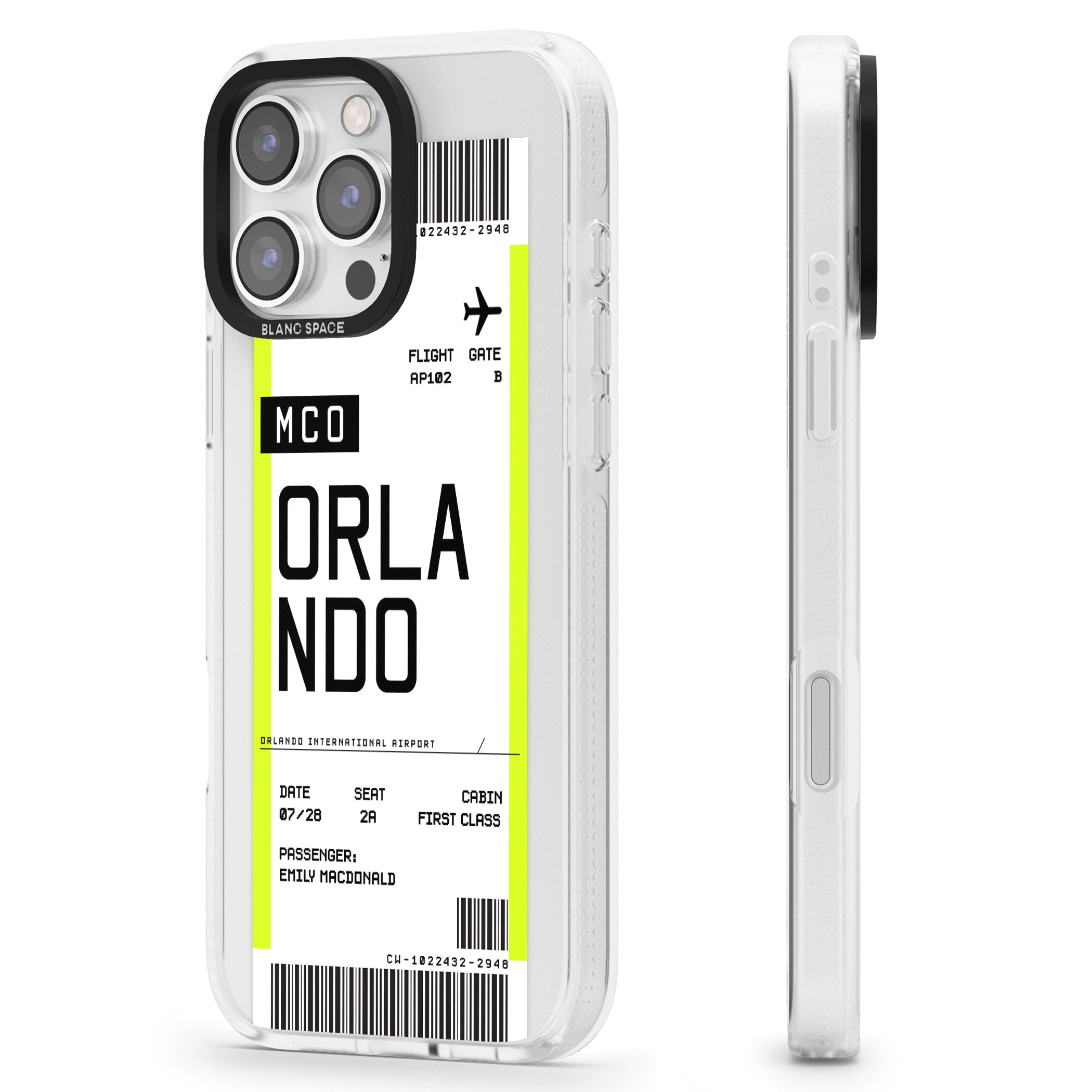 Personalised Orlando Boarding Pass iPhone 16 Pro Max / 16 Pro Clear Case Impact Air - Blanc Space