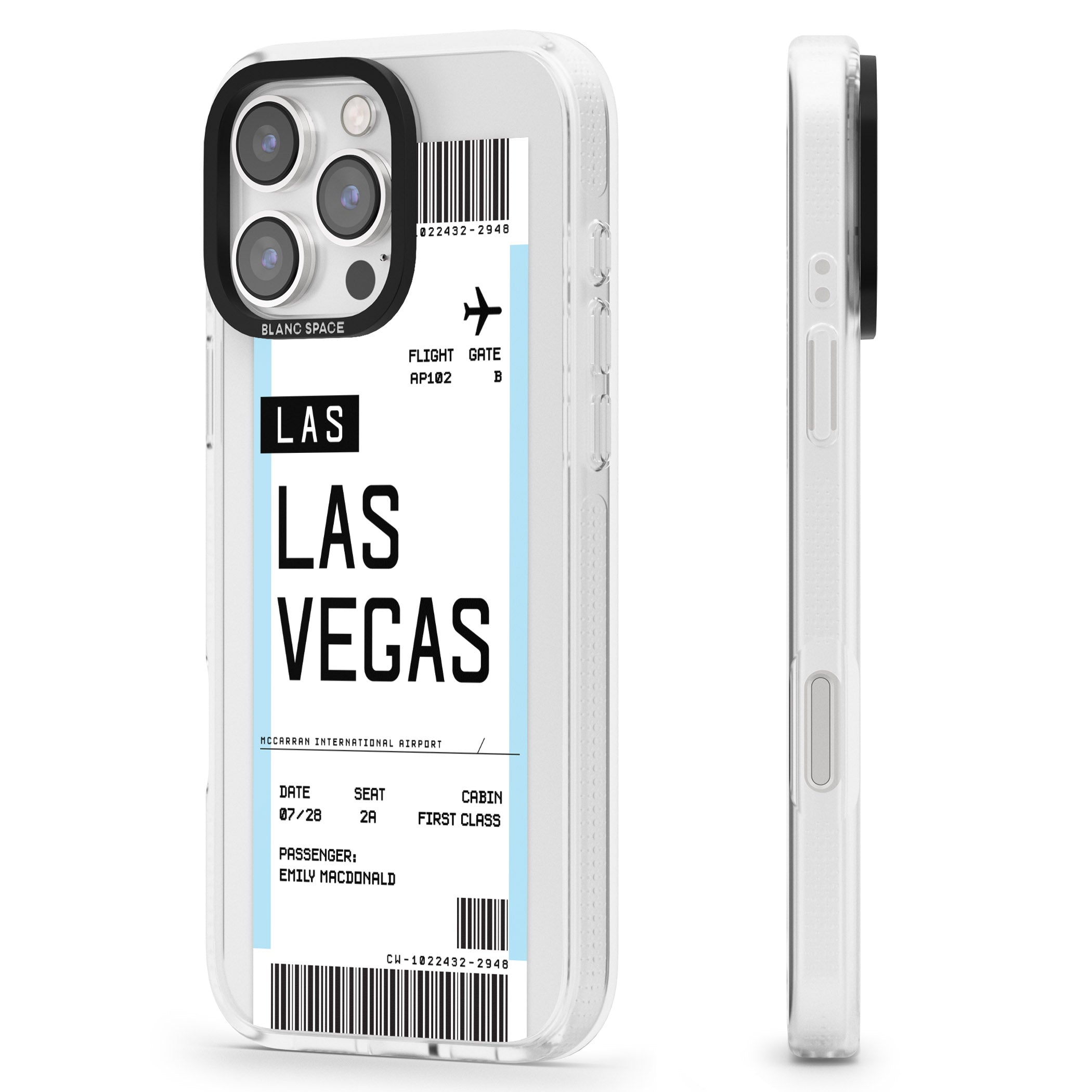Personalised Las Vegas Boarding Pass iPhone 16 Pro Max / 16 Pro Clear Case Impact Air - Blanc Space