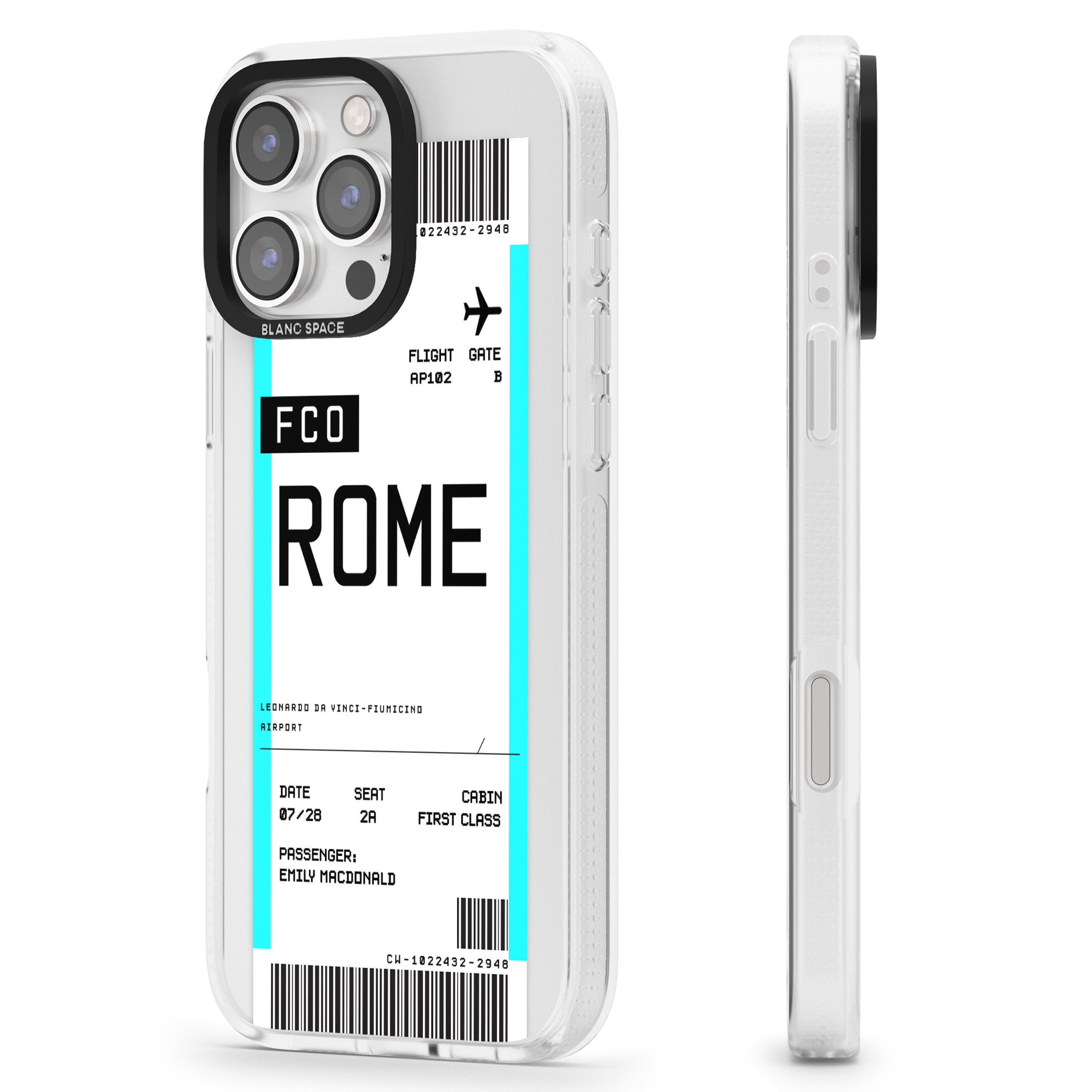 Personalised Rome Boarding Pass iPhone 16 Pro Max / 16 Pro Clear Case Impact Air - Blanc Space