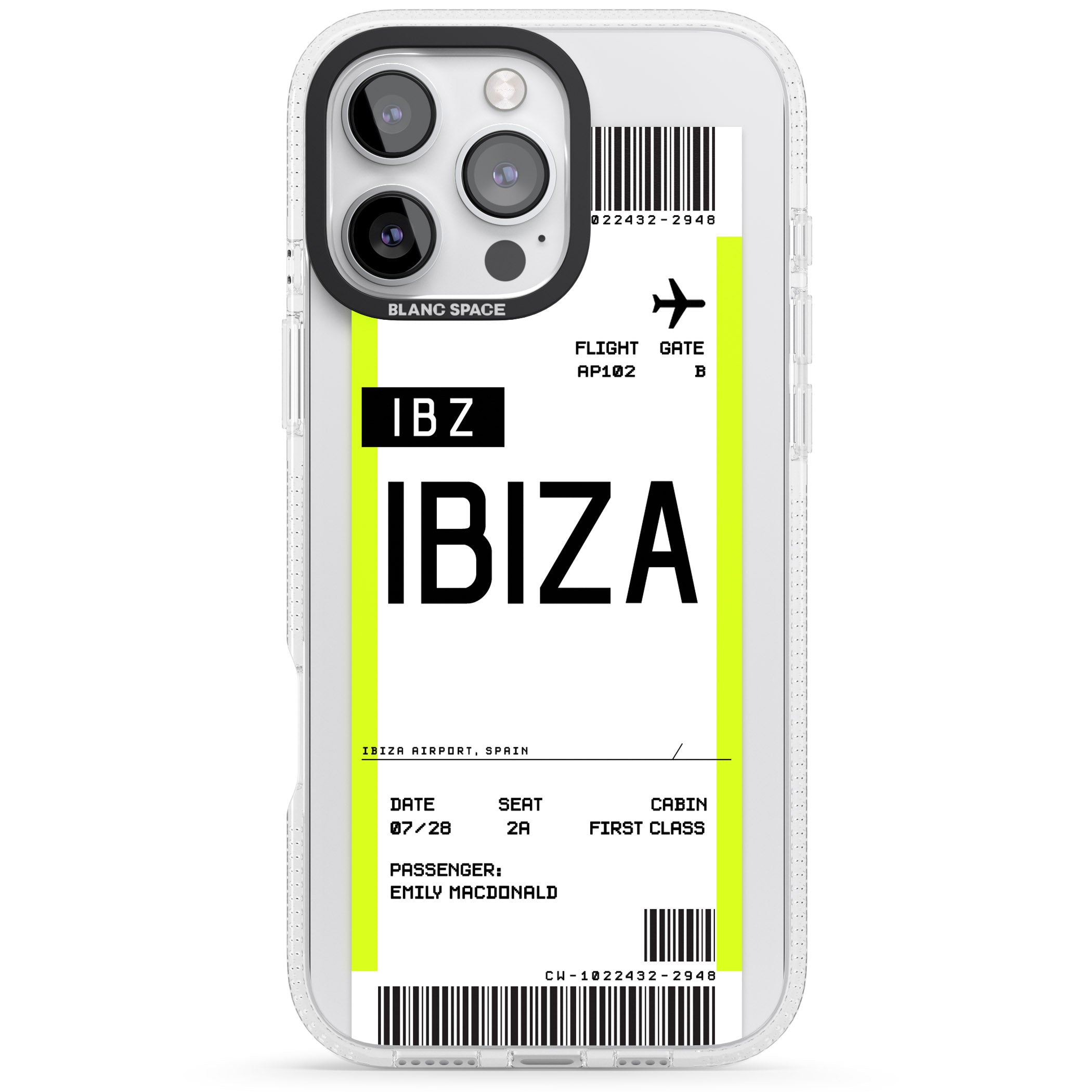 Personalised Ibiza Boarding Pass iPhone 16 Pro Max / 16 Pro Clear Case Impact Air - Blanc Space