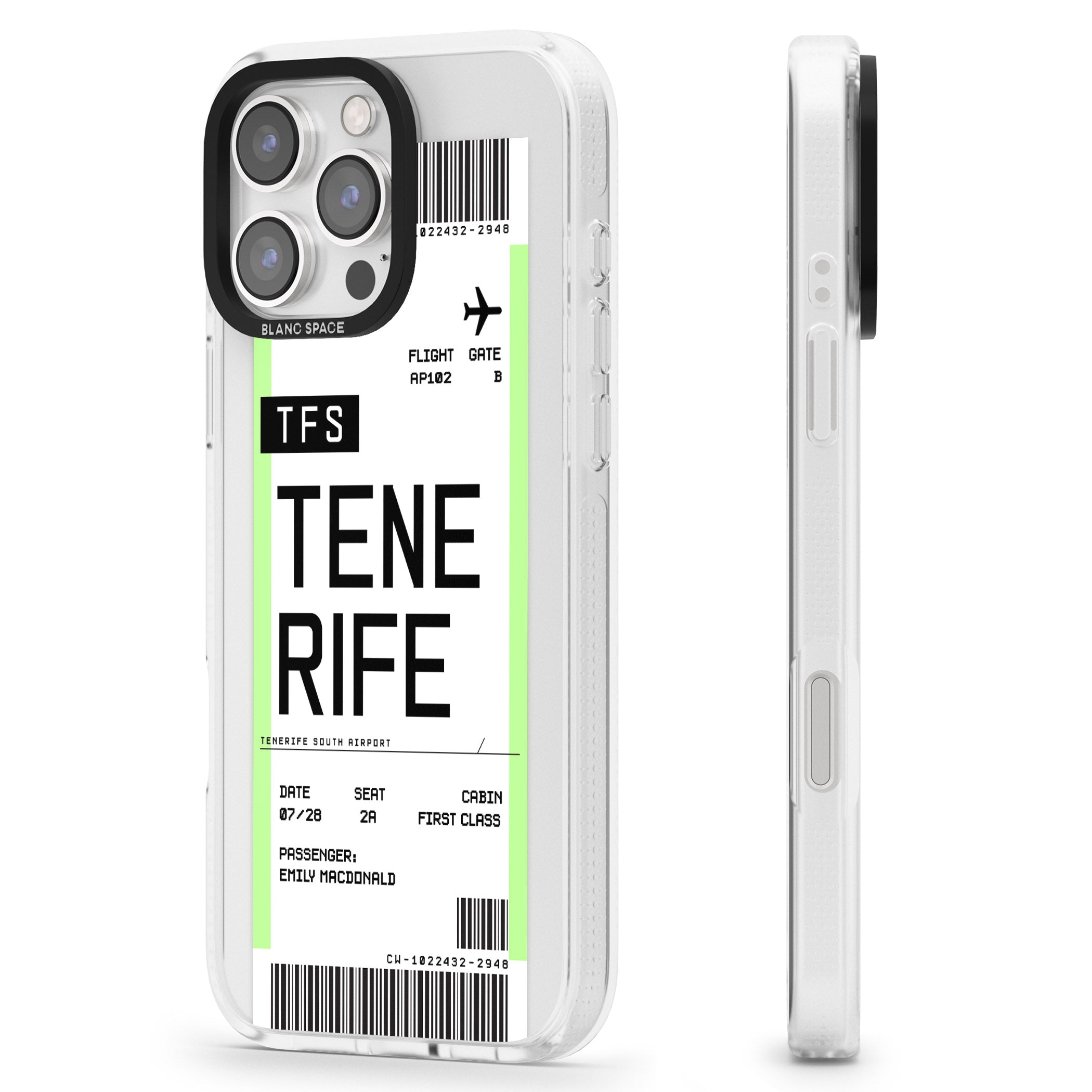 Personalised Tenerife Boarding Pass iPhone 16 Pro Max / 16 Pro Clear Case Impact Air - Blanc Space