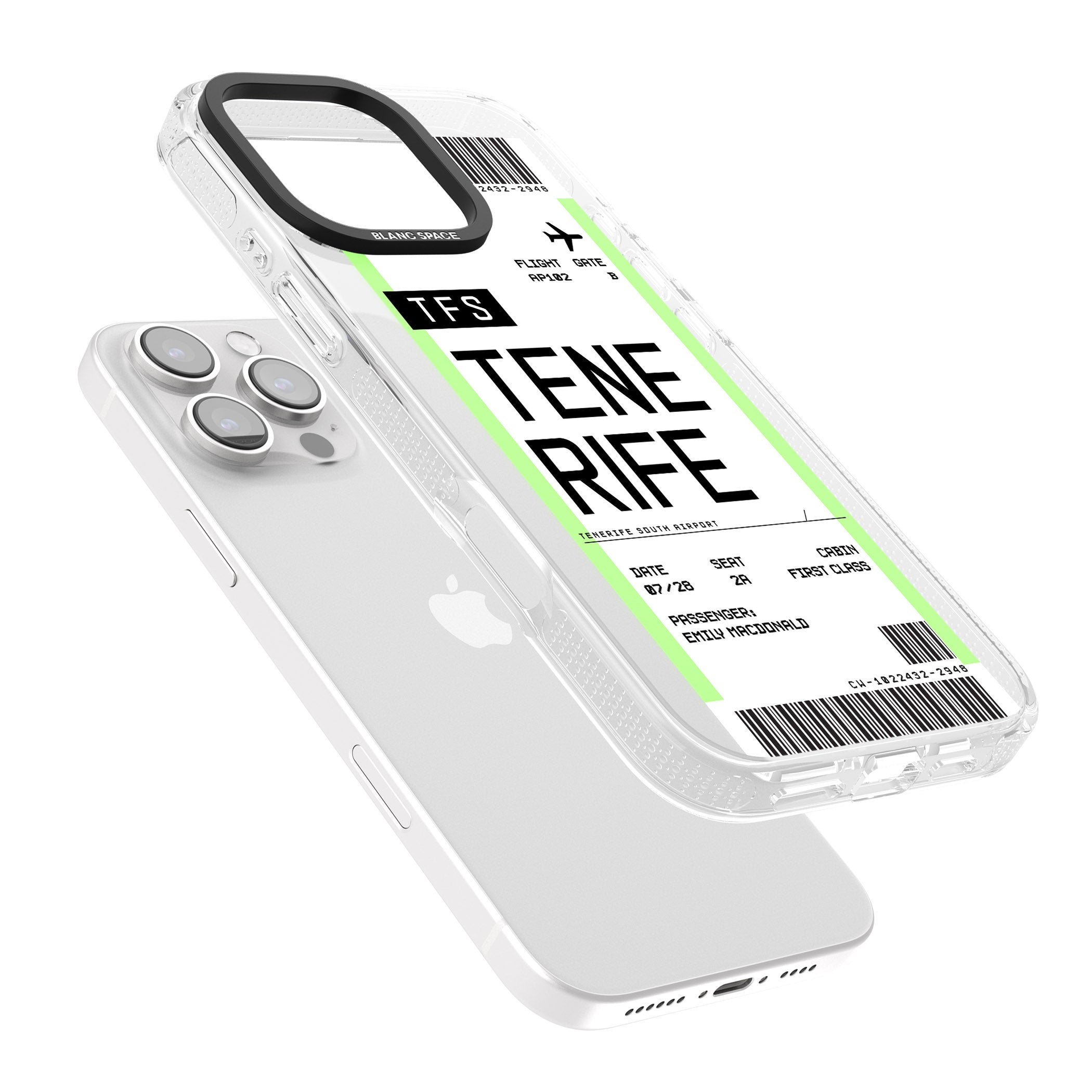 Personalised Tenerife Boarding Pass iPhone 16 Pro Max / 16 Pro Clear Case Impact Air - Blanc Space