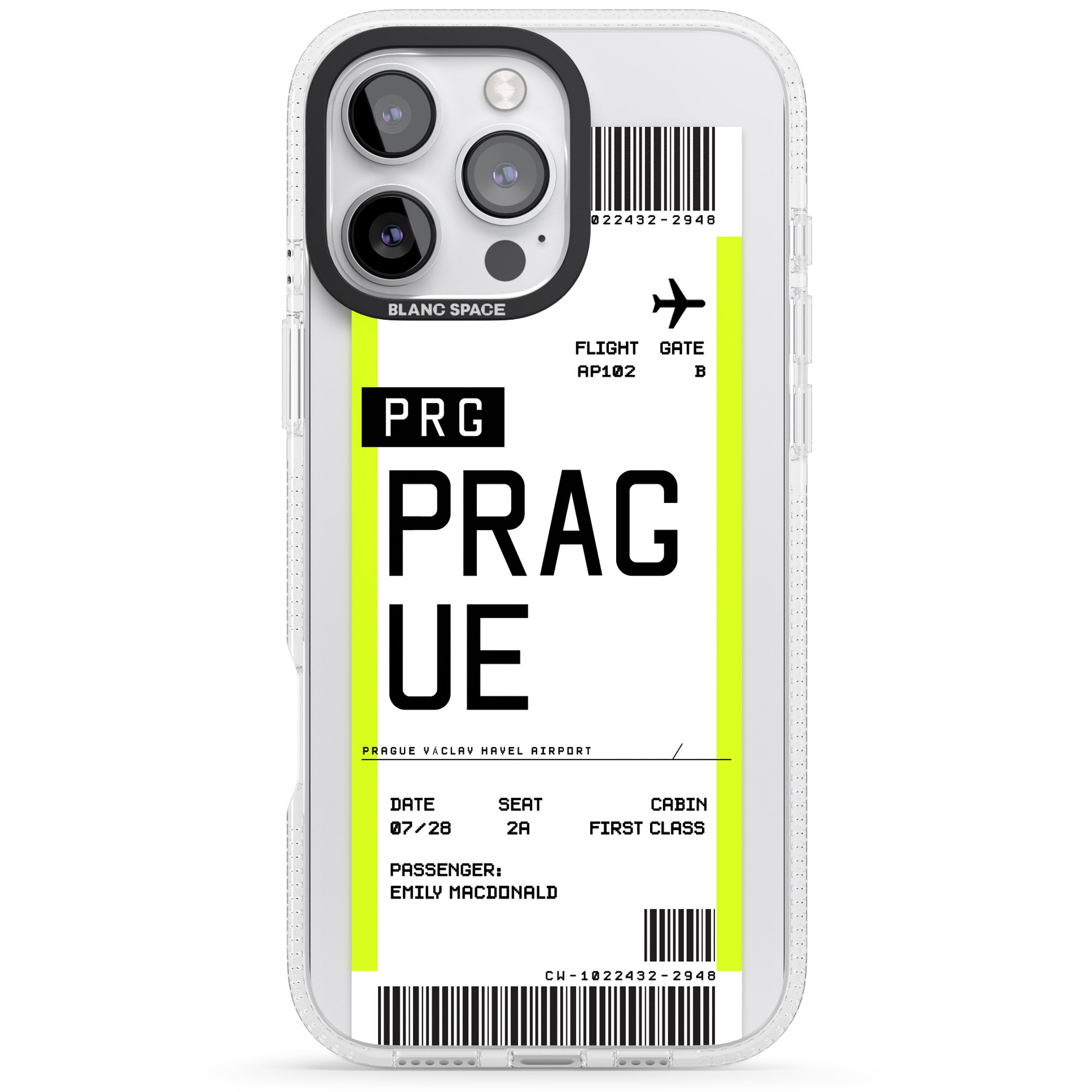 Personalised Prague Boarding Pass iPhone 16 Pro Max / 16 Pro Clear Case Impact Air - Blanc Space