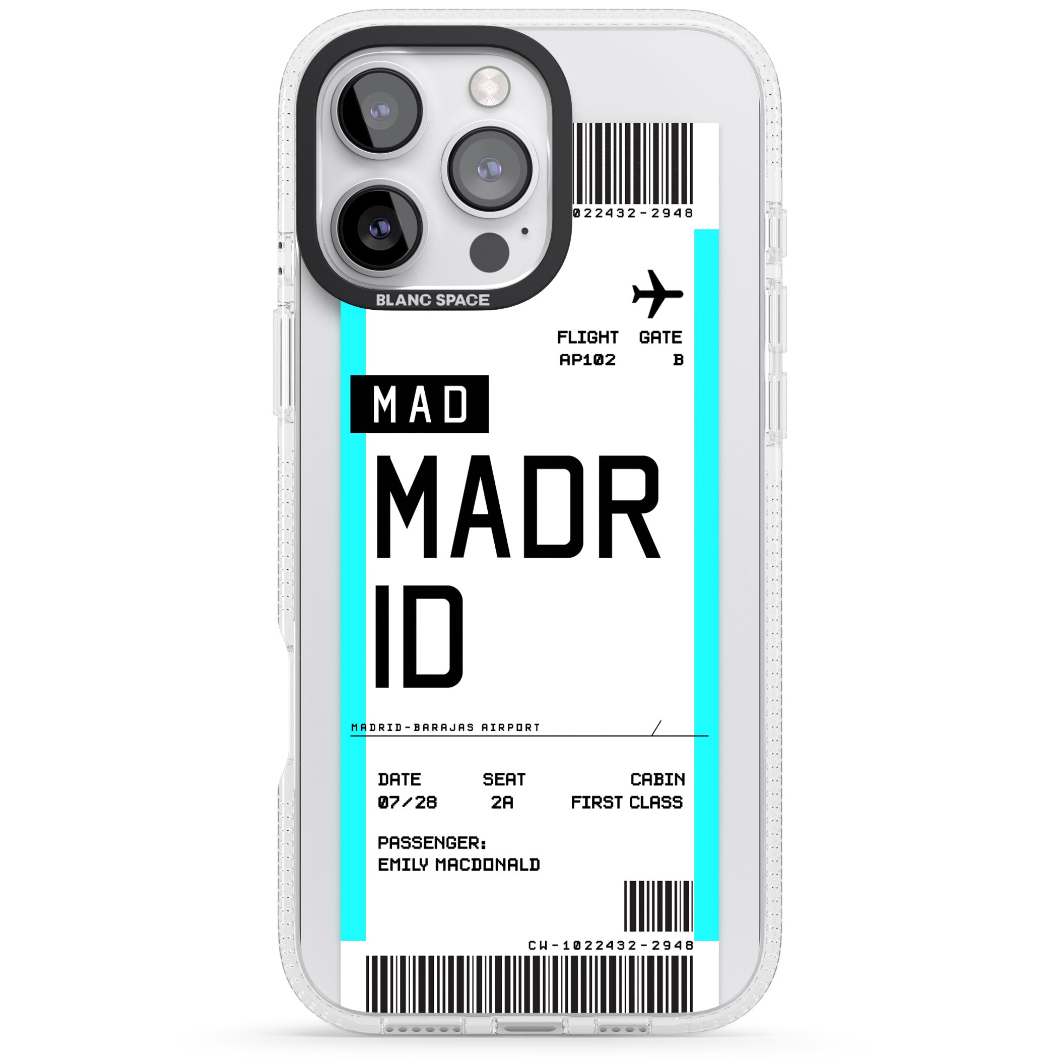 Personalised Madrid Boarding Pass iPhone 16 Pro Max / 16 Pro Clear Case Impact Air - Blanc Space