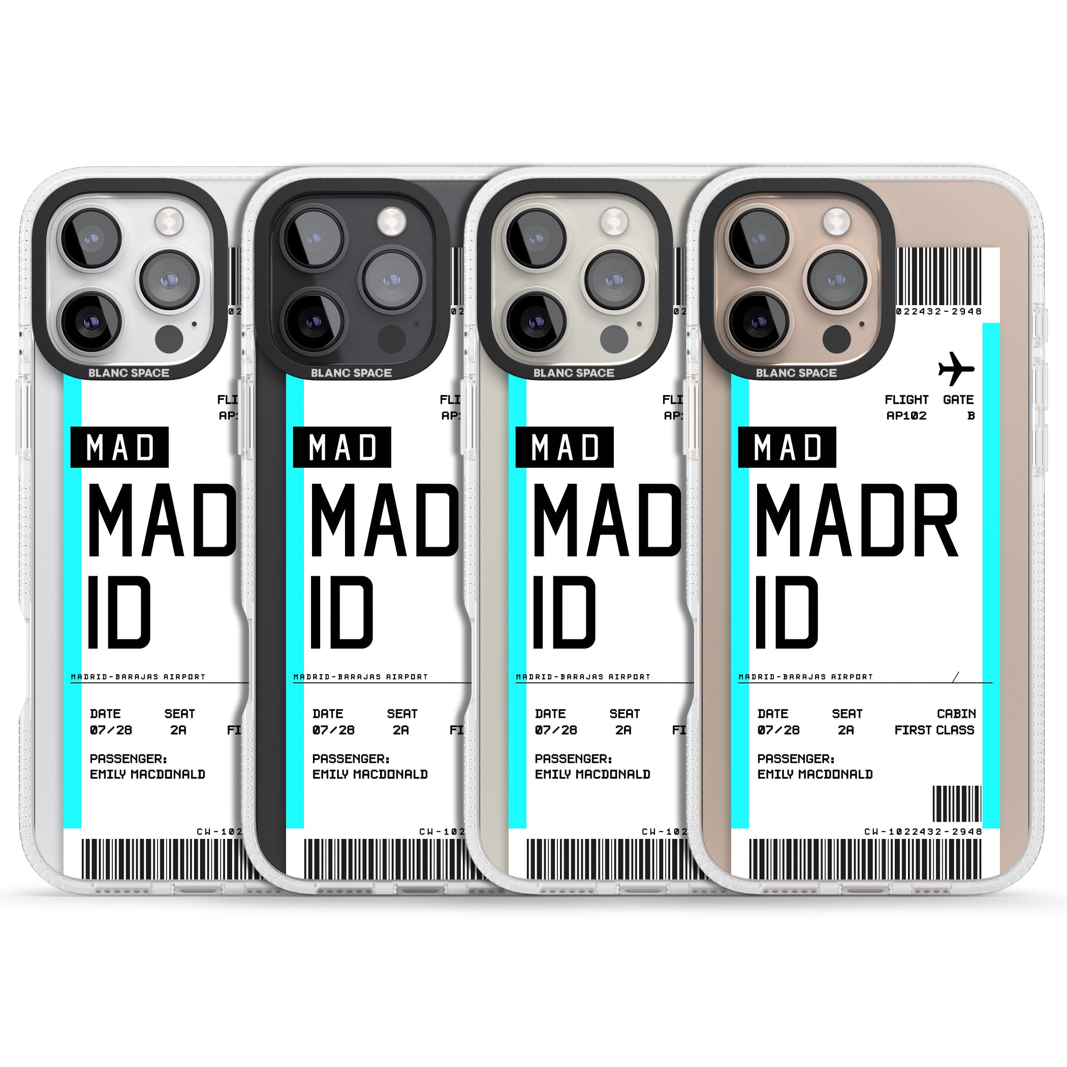 Personalised Madrid Boarding Pass iPhone 16 Pro Max / 16 Pro Clear Case Impact Air - Blanc Space