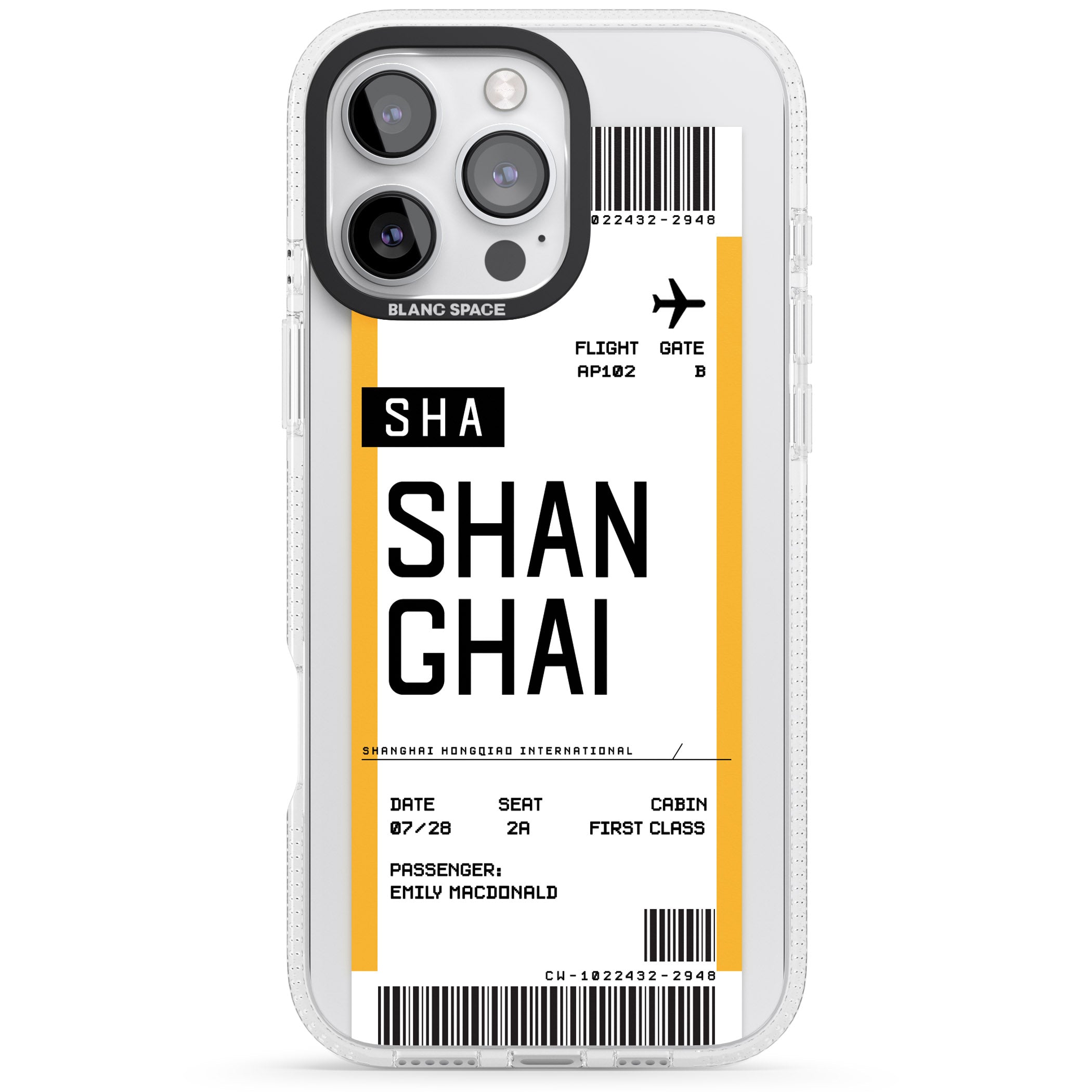 Personalised Shangai Boarding Pass iPhone 16 Pro Max / 16 Pro Clear Case Impact Air - Blanc Space