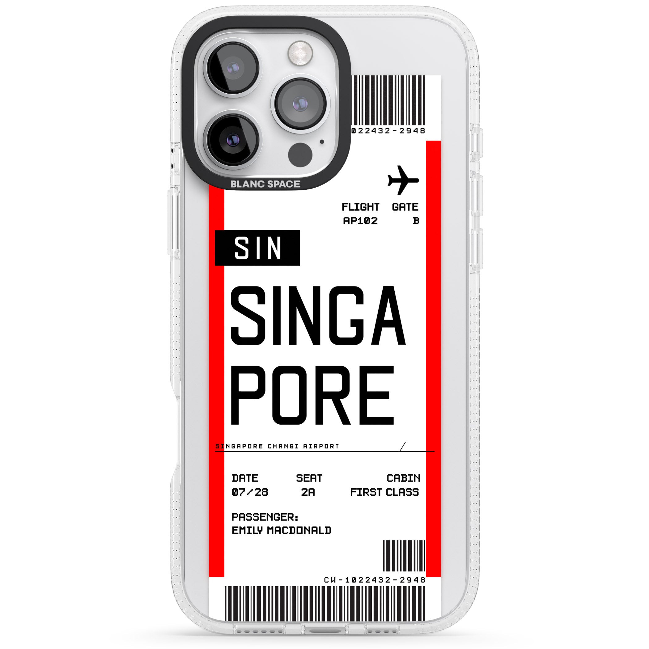 Personalised Singapore Boarding Pass iPhone 16 Pro Max / 16 Pro Clear Case Impact Air - Blanc Space