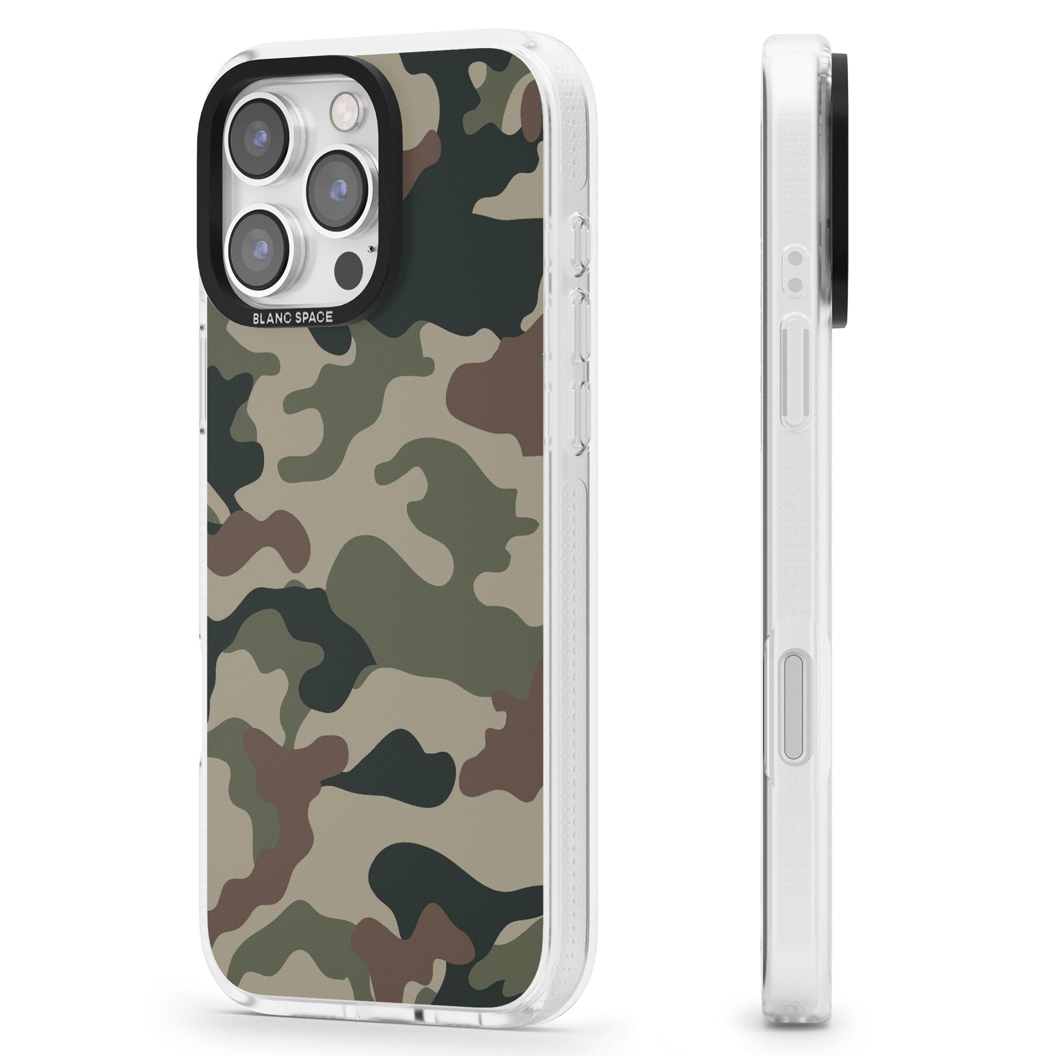 Woodland British Camo iPhone 16 Pro Max / 16 Pro Clear Case Impact Air - Blanc Space
