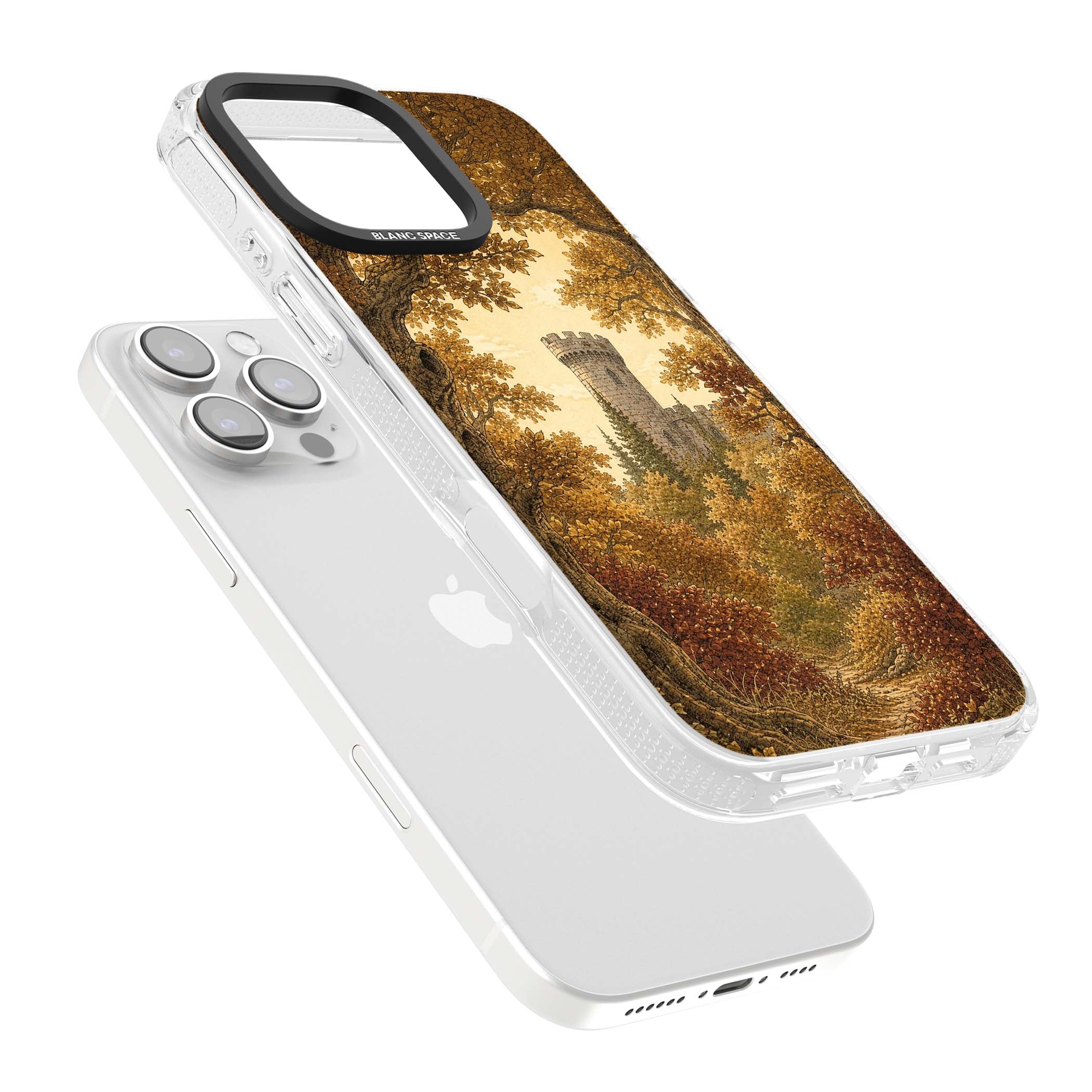 Autumn Keep cottagecore iPhone case featuring a medieval castle tower framed by golden autumn trees and woodland foliage | Clear Case Impact Air case for iPhone 16 Pro, iPhone 16 Pro Max