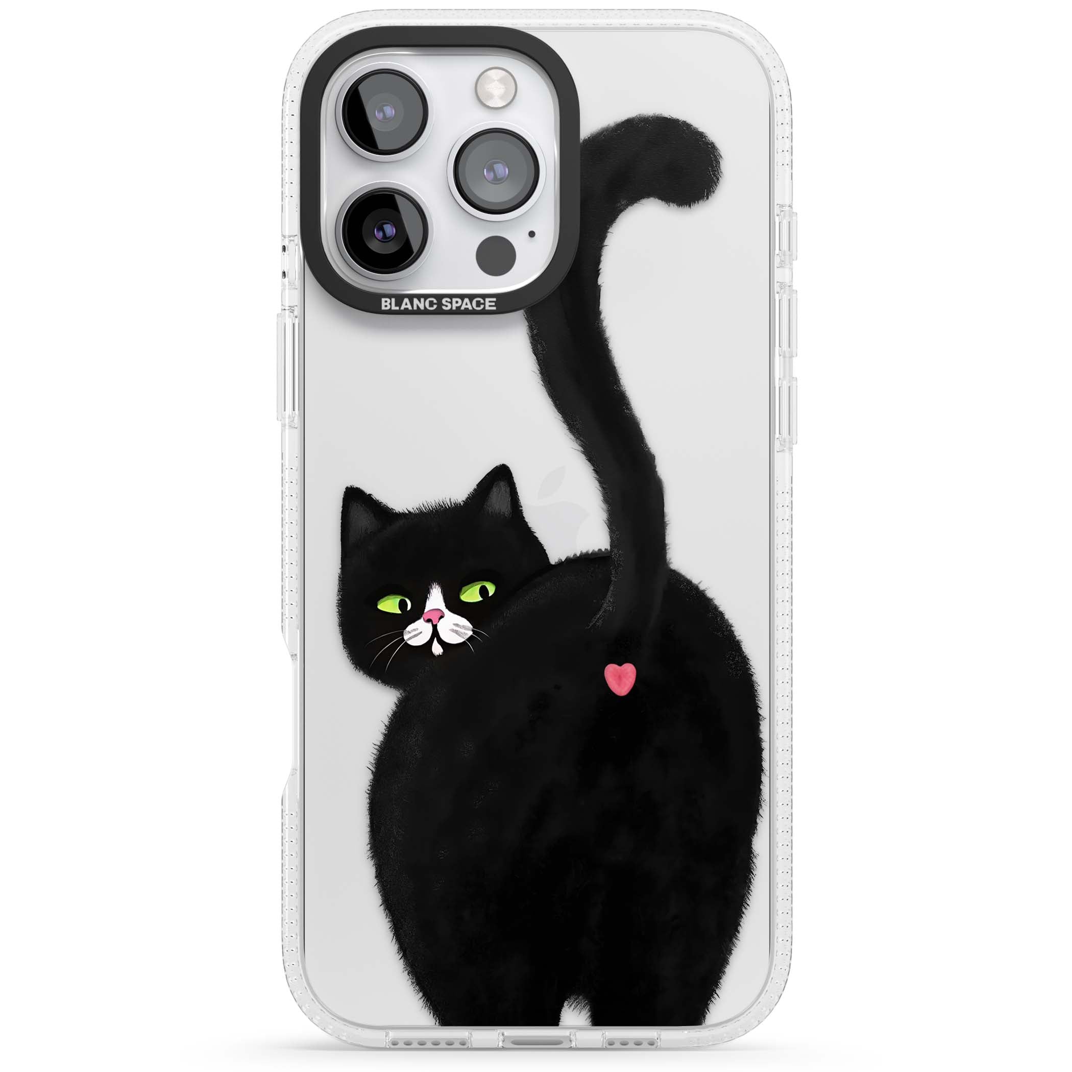 The Cat's Kiss cute cat iPhone case featuring a hand-painted tuxedo kitty with green eyes and a pink heart on a clear | Clear Case Impact Air case for iPhone 16 Pro, iPhone 16 Pro Max