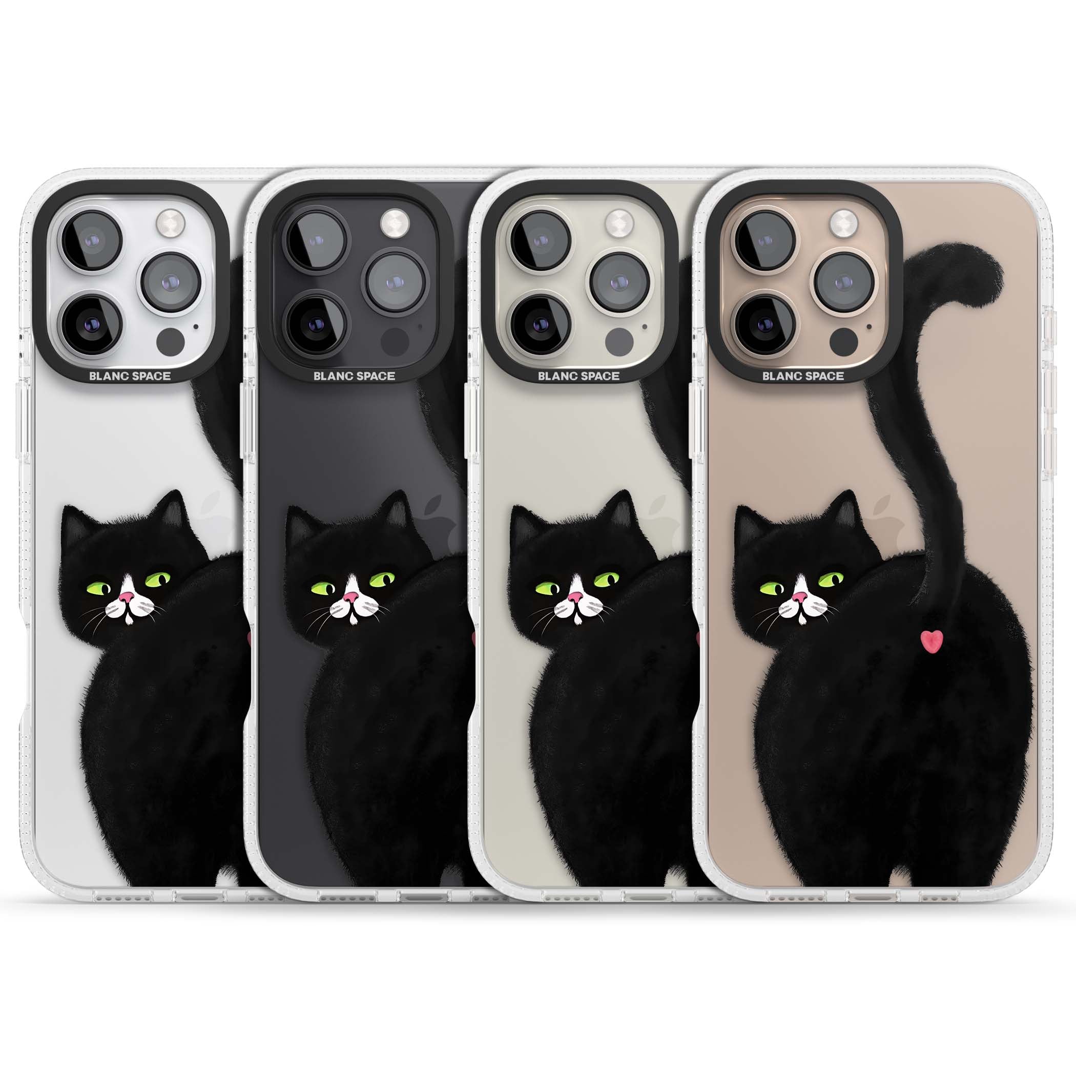The Cat's Kiss cute cat iPhone case featuring a hand-painted tuxedo kitty with green eyes and a pink heart on a clear | Clear Case Impact Air case for iPhone 16 Pro, iPhone 16 Pro Max