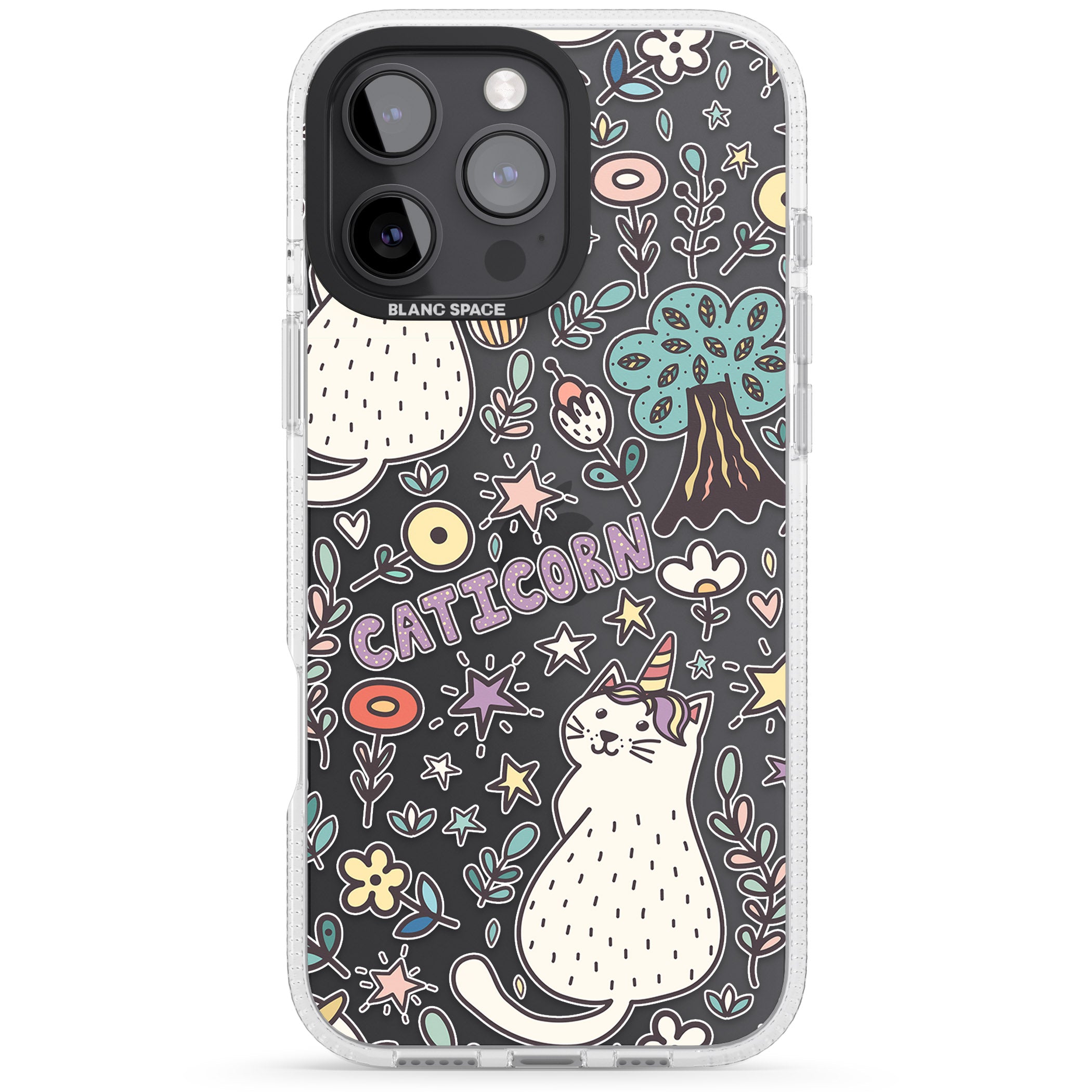 Caticorn pattern iPhone 16 Pro Max / 16 Pro Clear Case Impact Air - Blanc Space