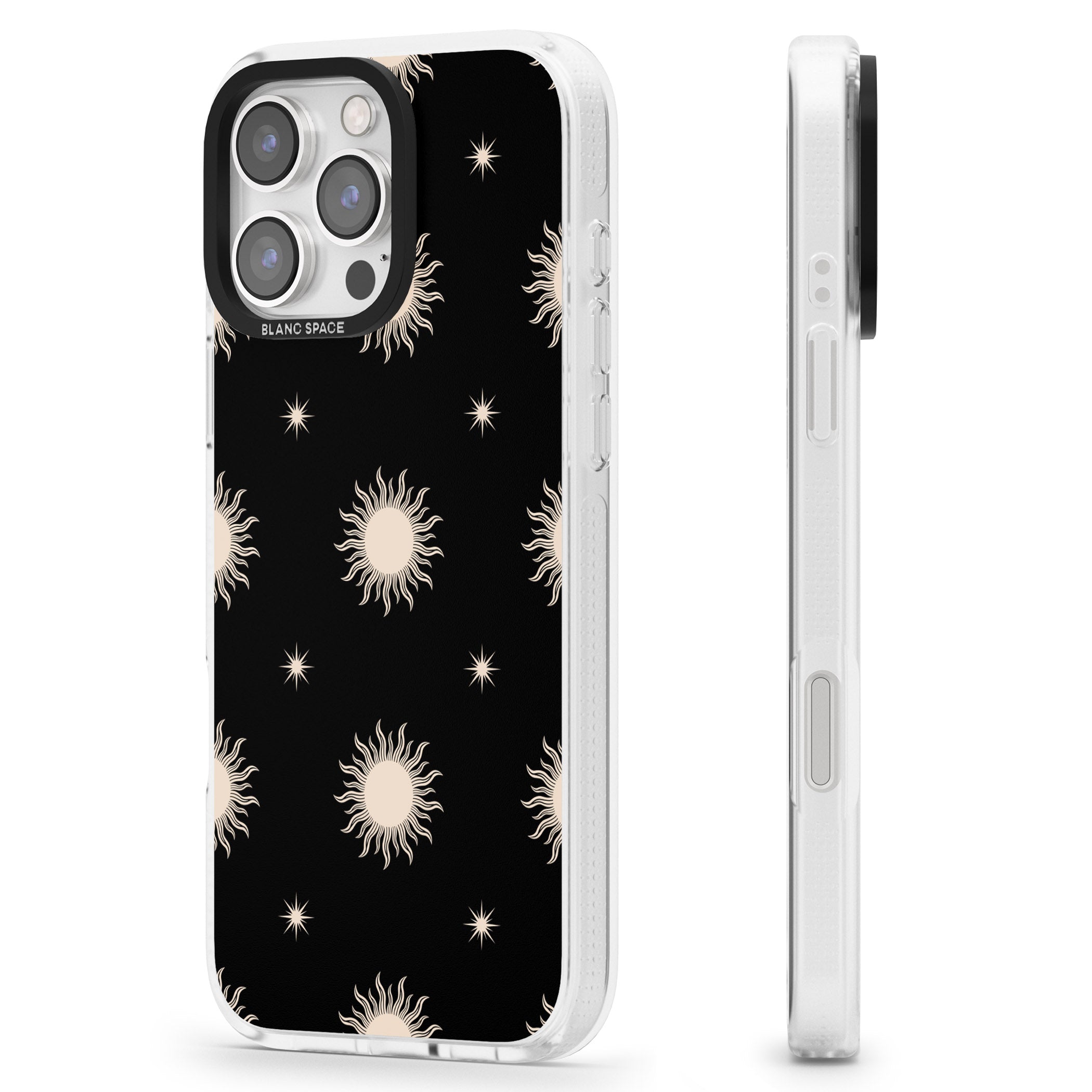 Celestial Patterns Classic Suns (Black) iPhone 16 Pro Max / 16 Pro Clear Case Impact Air - Blanc Space